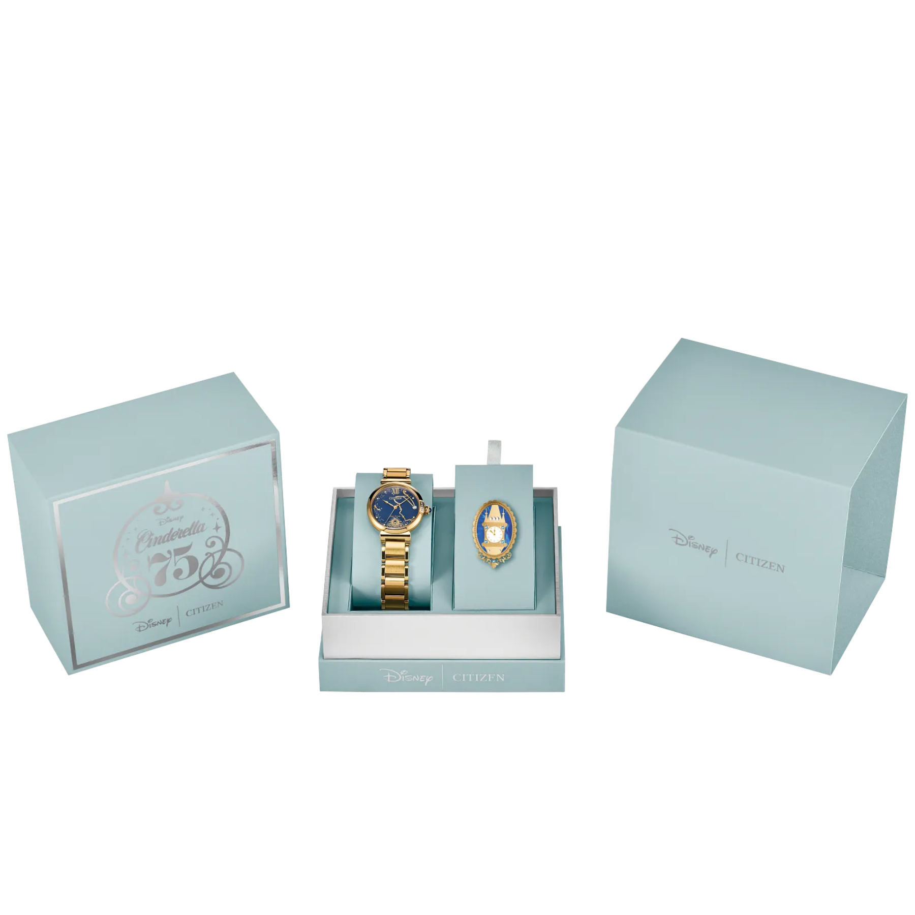 Watch and brooch set in a light blue box with Disney Princess branding.