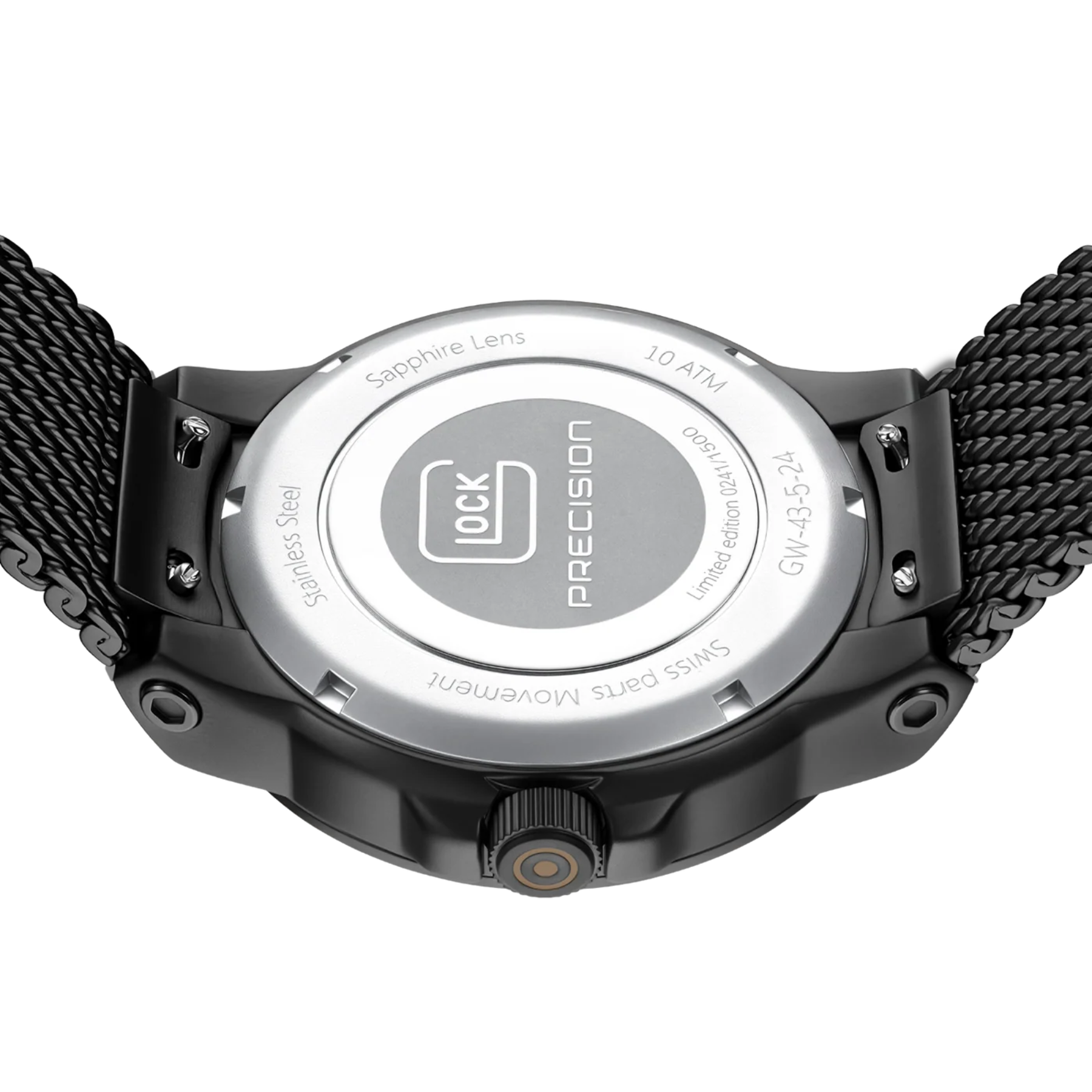 Close-up of a watch with a black mesh band on a white background