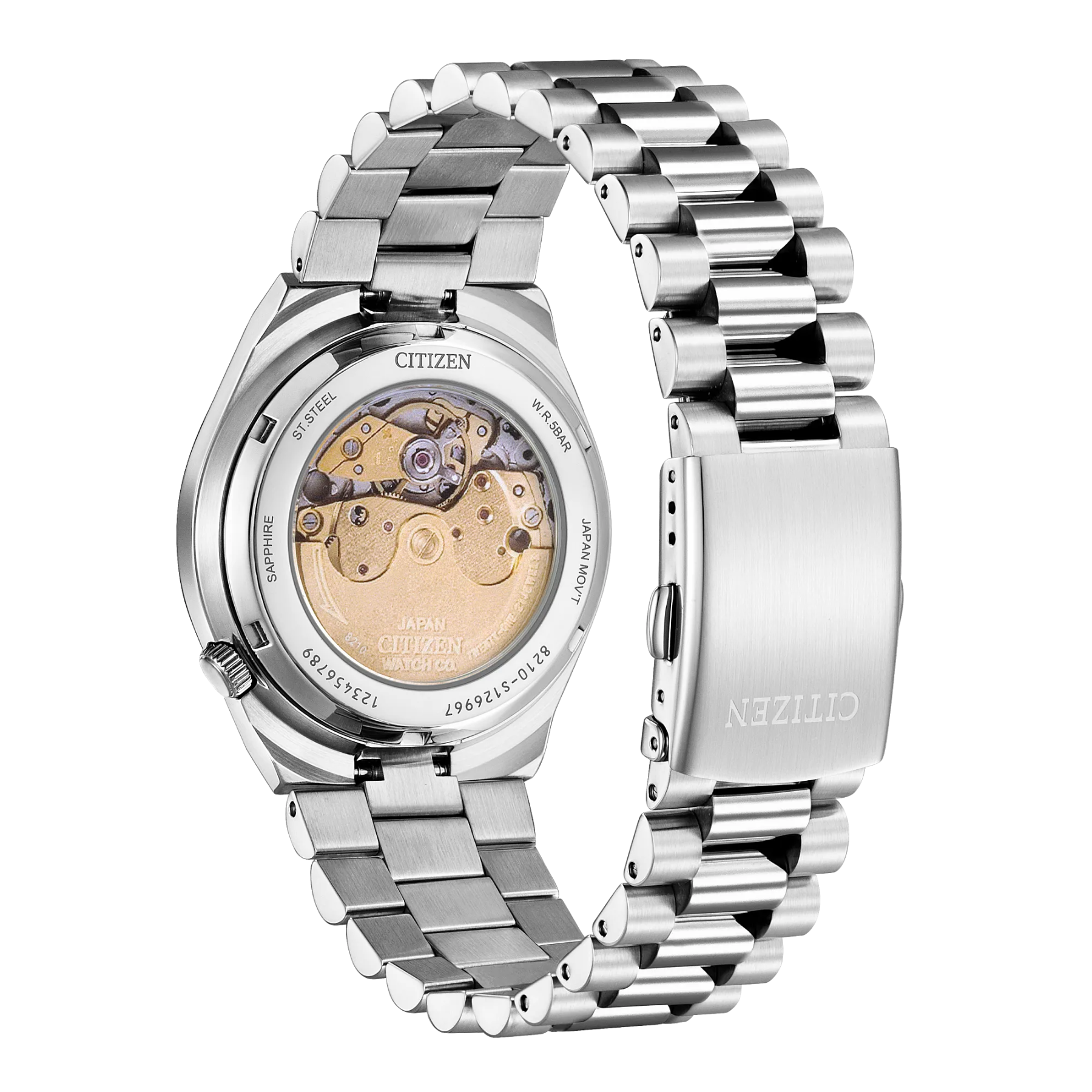Silver watch with mechanical components on a white background