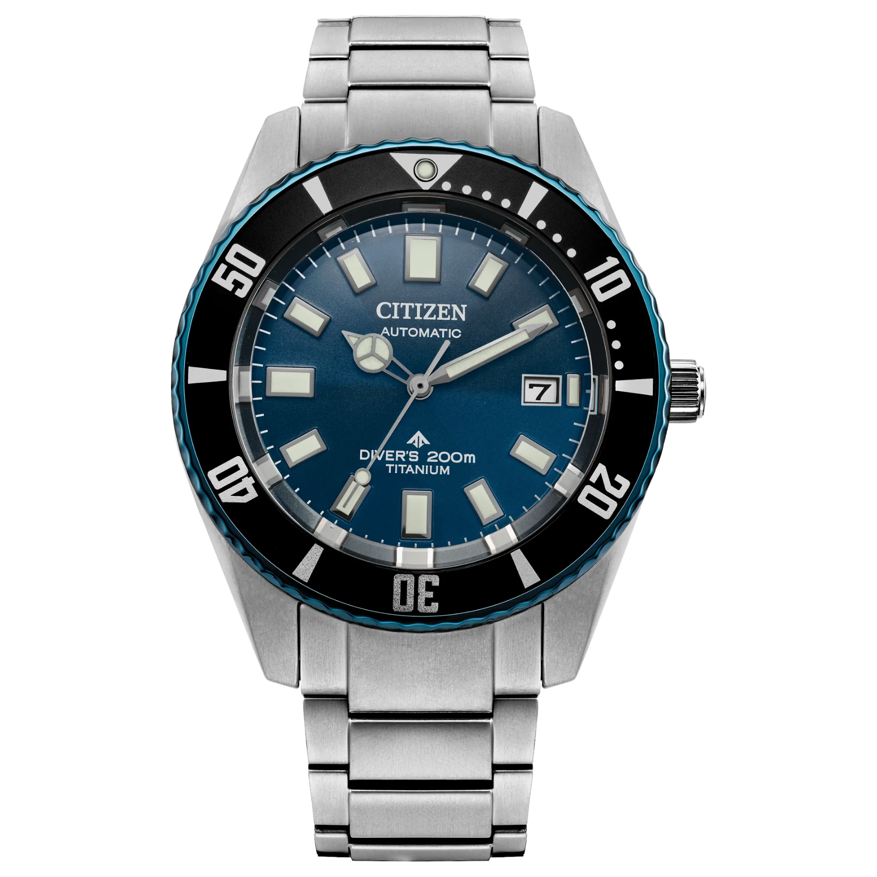 Citizen watch with blue dial and silver metal strap on a white background