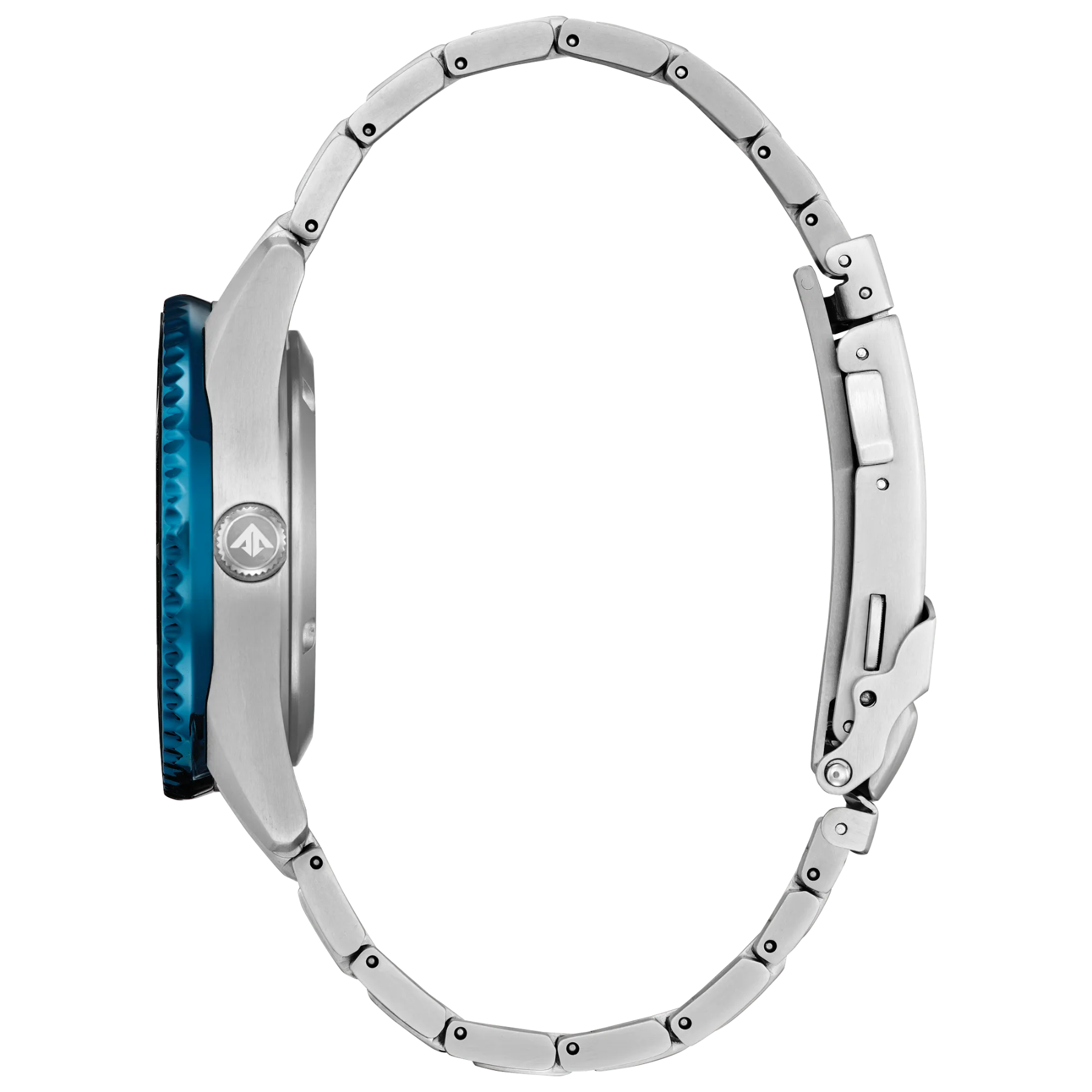 Close-up of a silver watch with a blue face on a white background