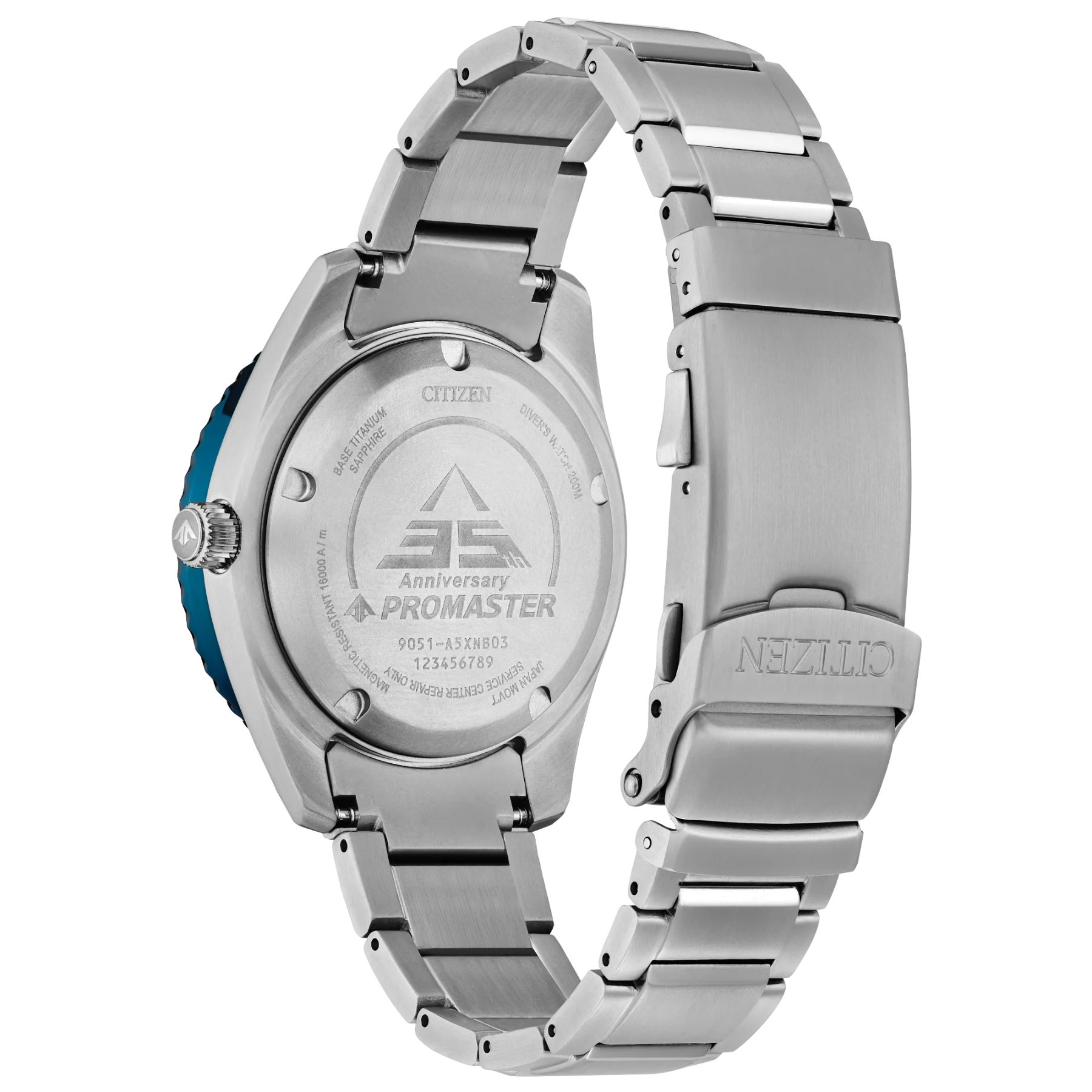 Silver watch with detailed branding on a white background