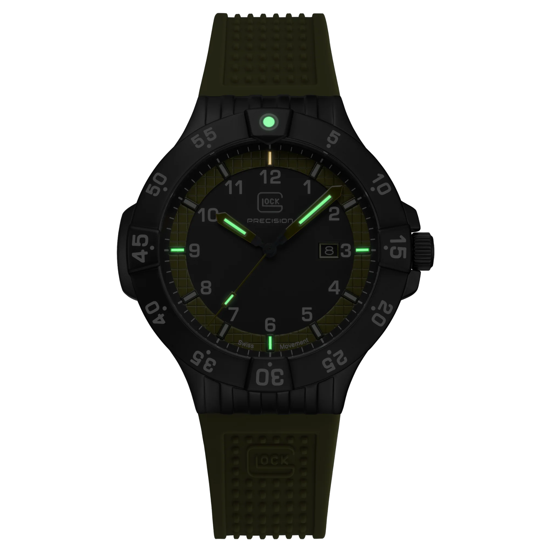 Black watch with green accents on a white background