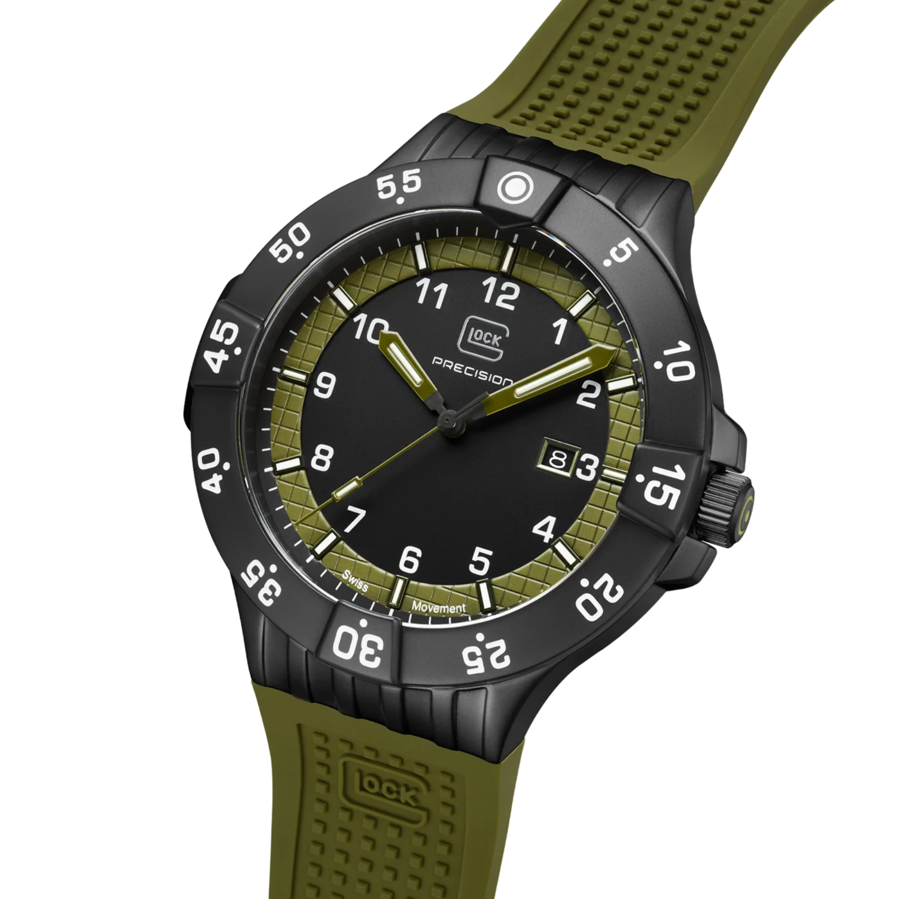 Green and black watch with detailed face on a white background