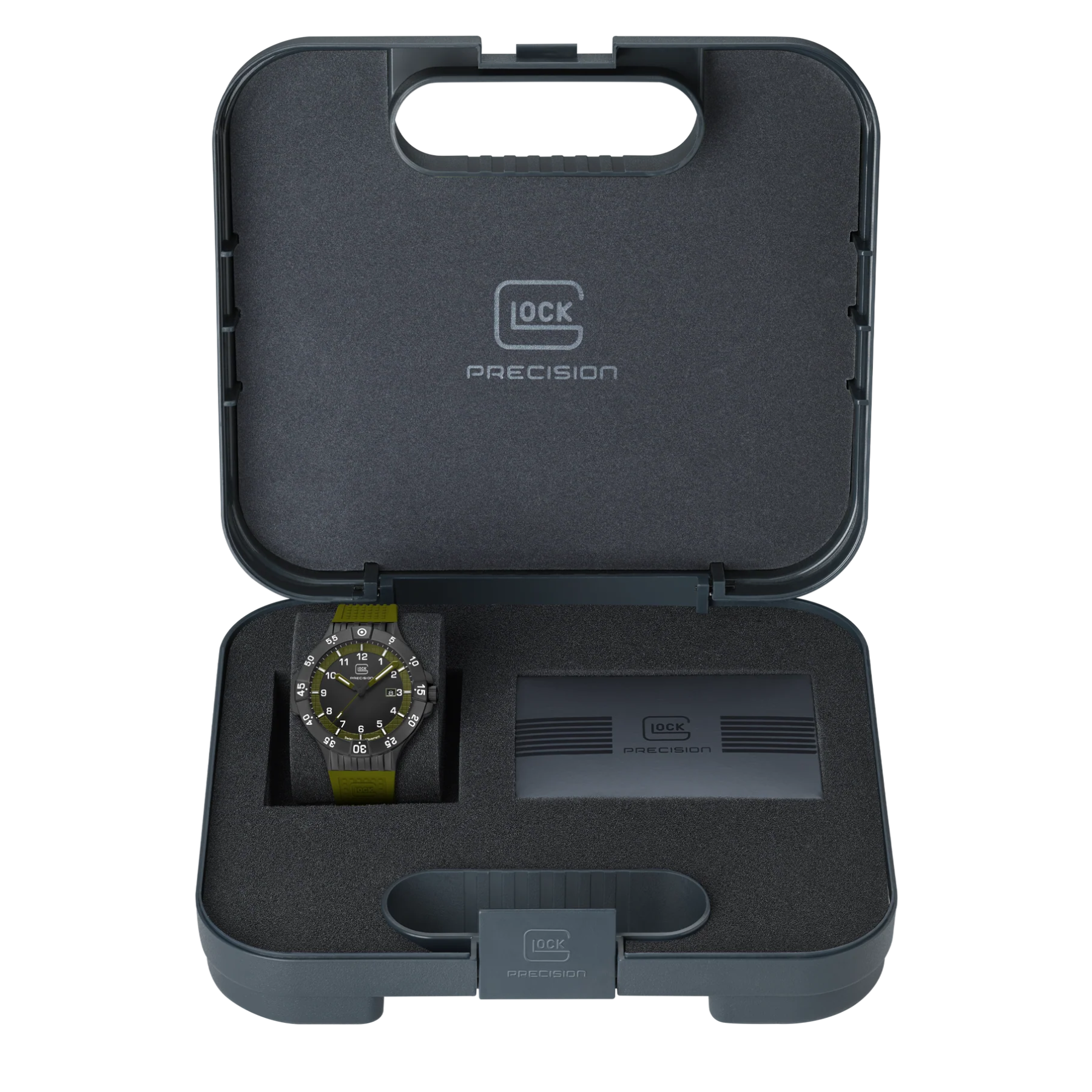 Black watch case with a watch inside, featuring the Glock Precision logo.