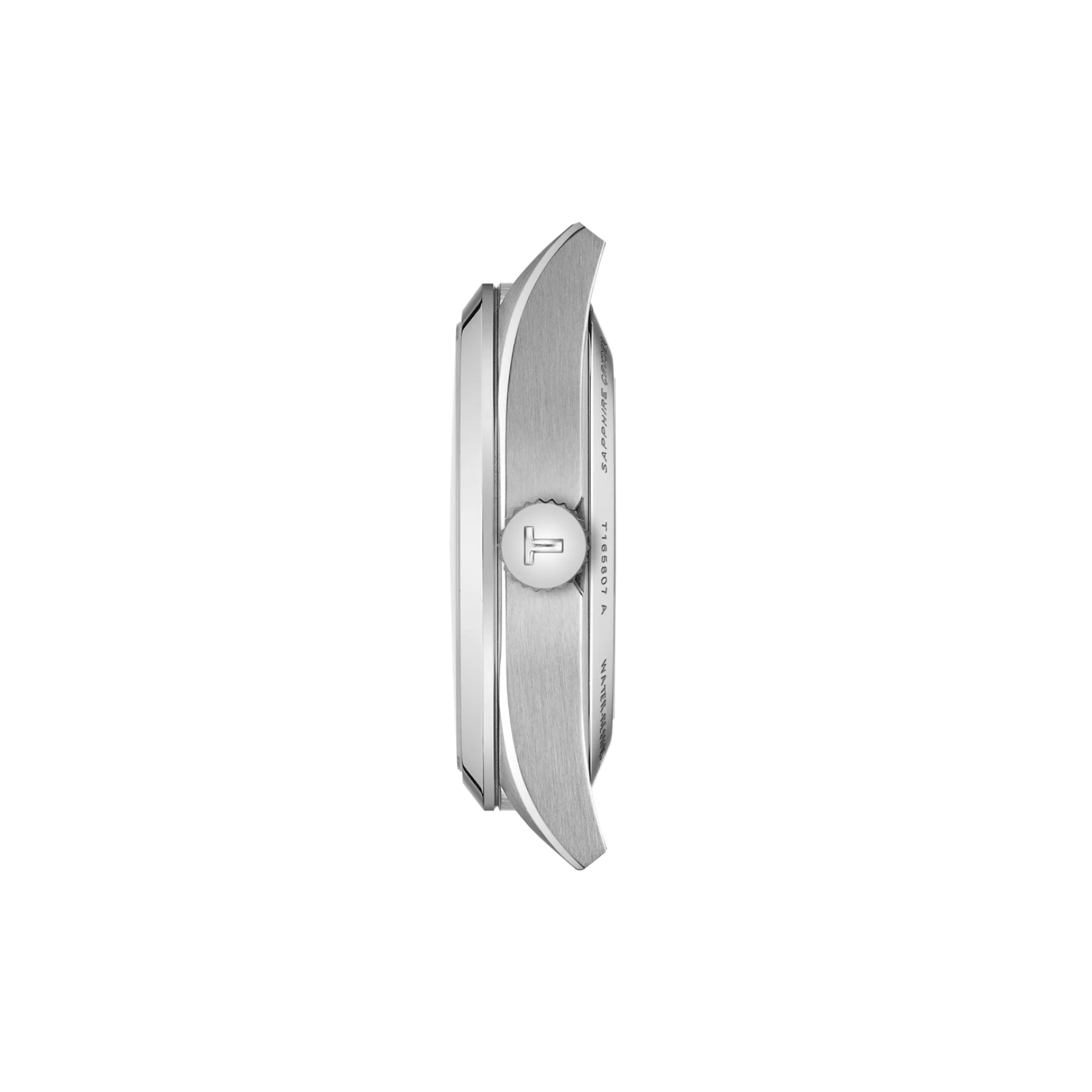 Silver watch with a brand logo on a white background