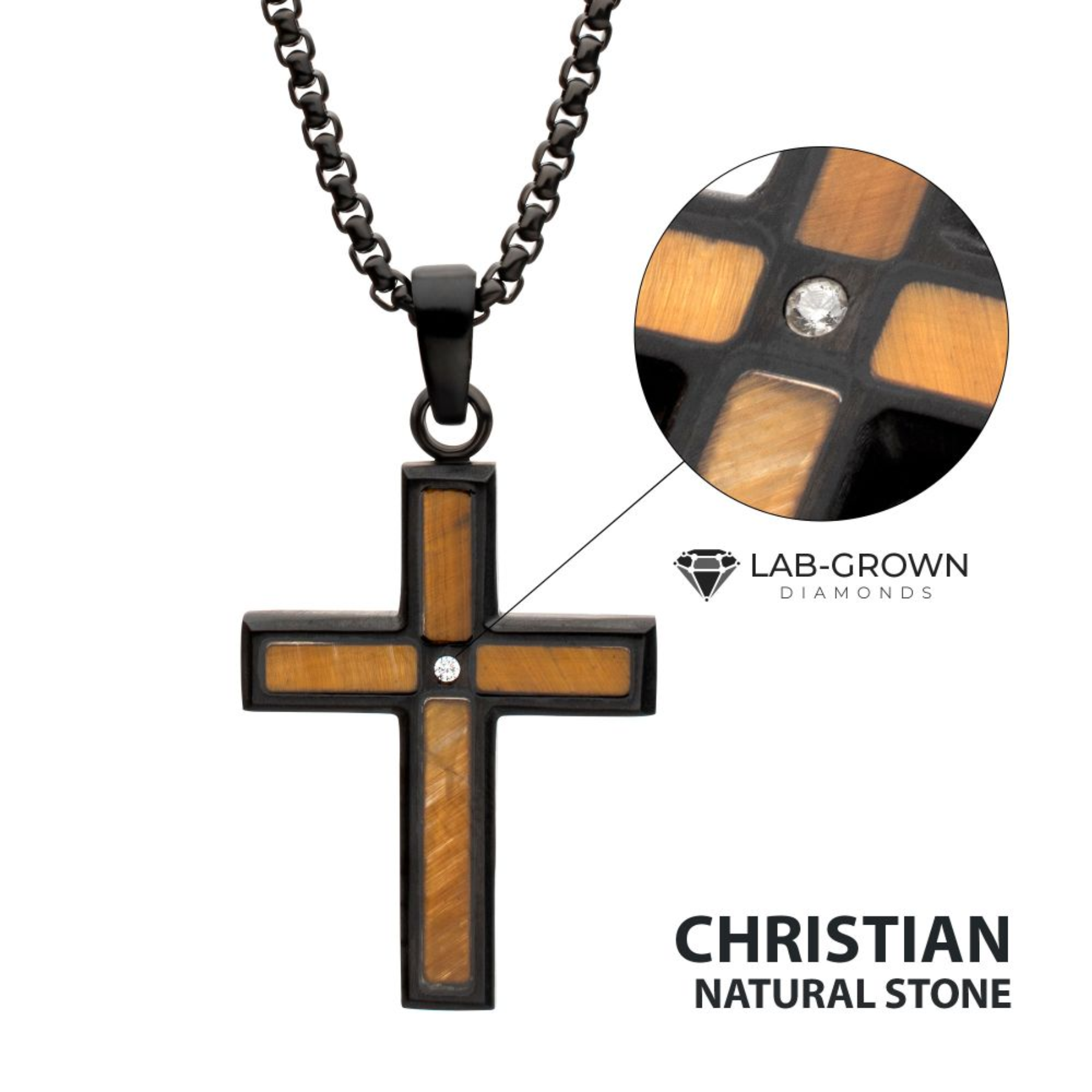 INOX Stainless Steel Matte Black Tiger's Eye Inlay & Lab-Grown Diamond Accented Cross Pendant Necklace