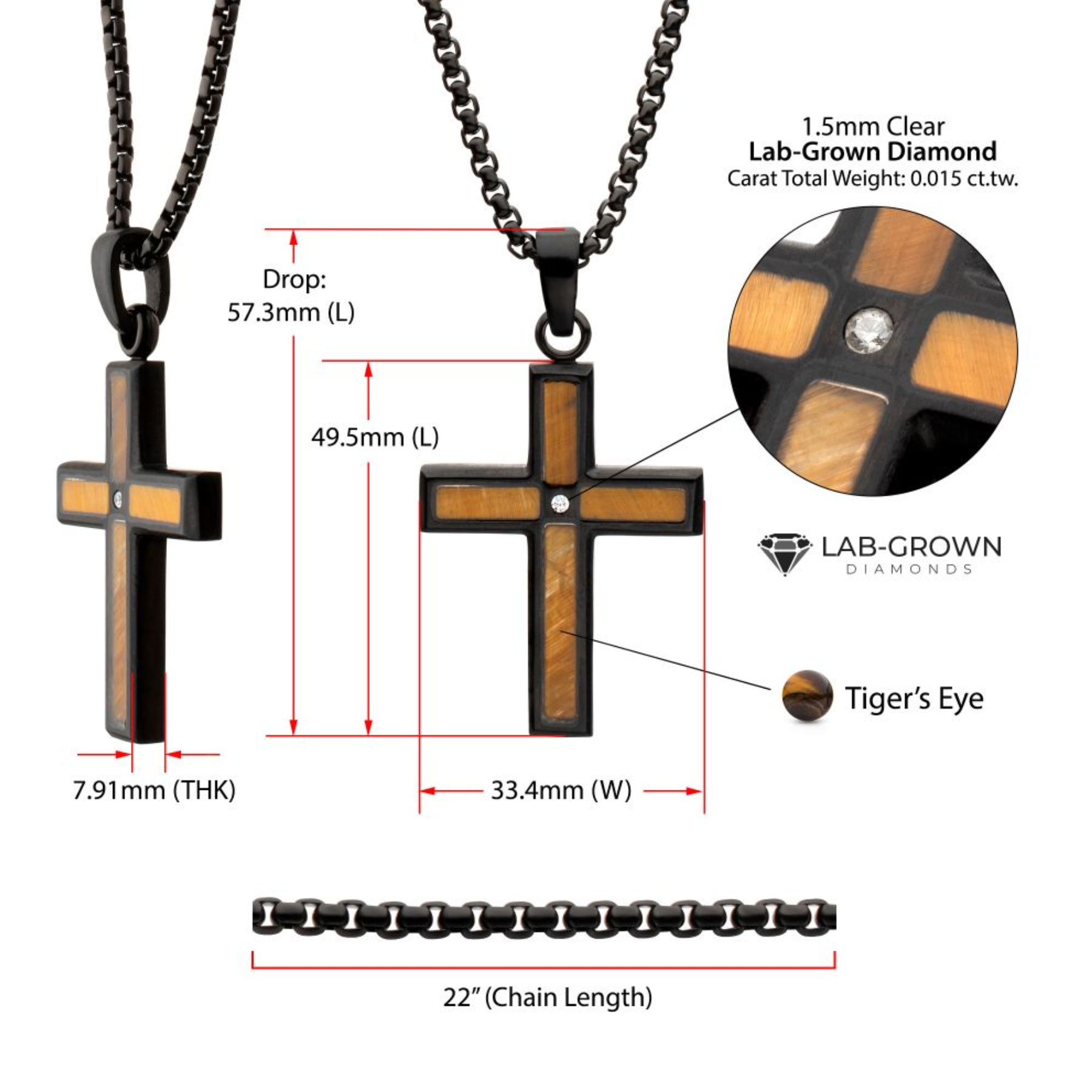 INOX Stainless Steel Matte Black Tiger's Eye Inlay & Lab-Grown Diamond Accented Cross Pendant Necklace