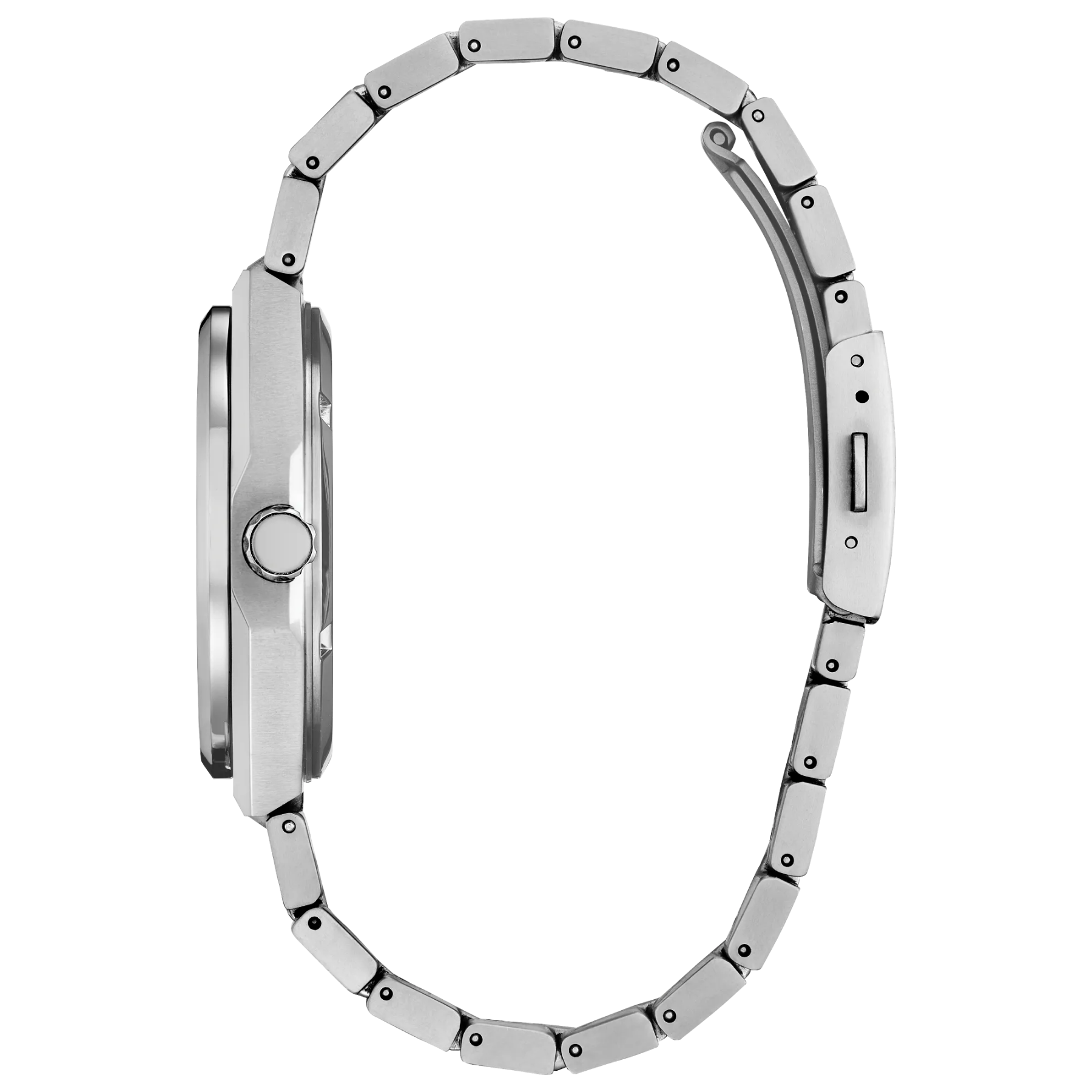 Silver watch with a detailed metal band on a white background