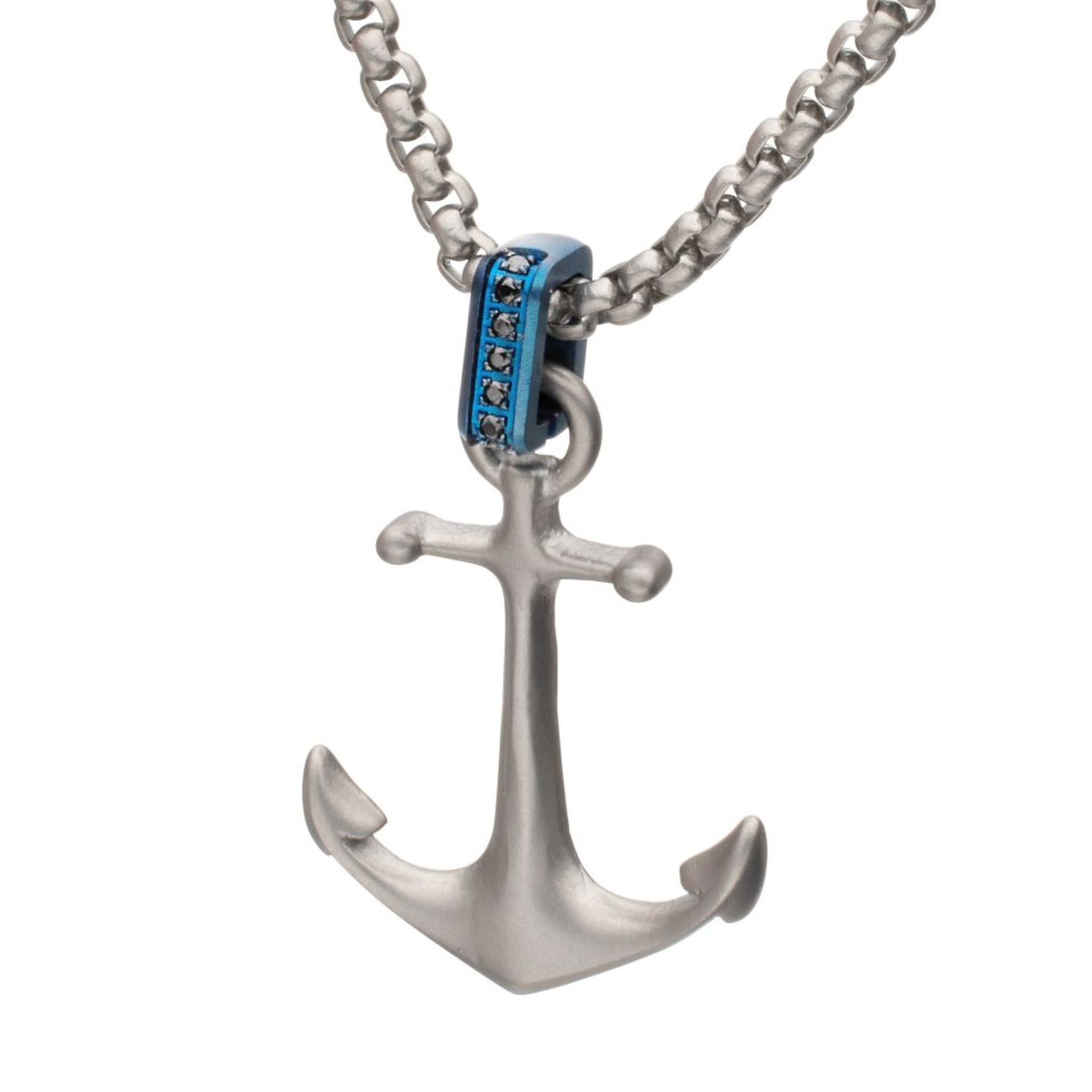 Silver anchor pendant with blue accents on a chain against a white background