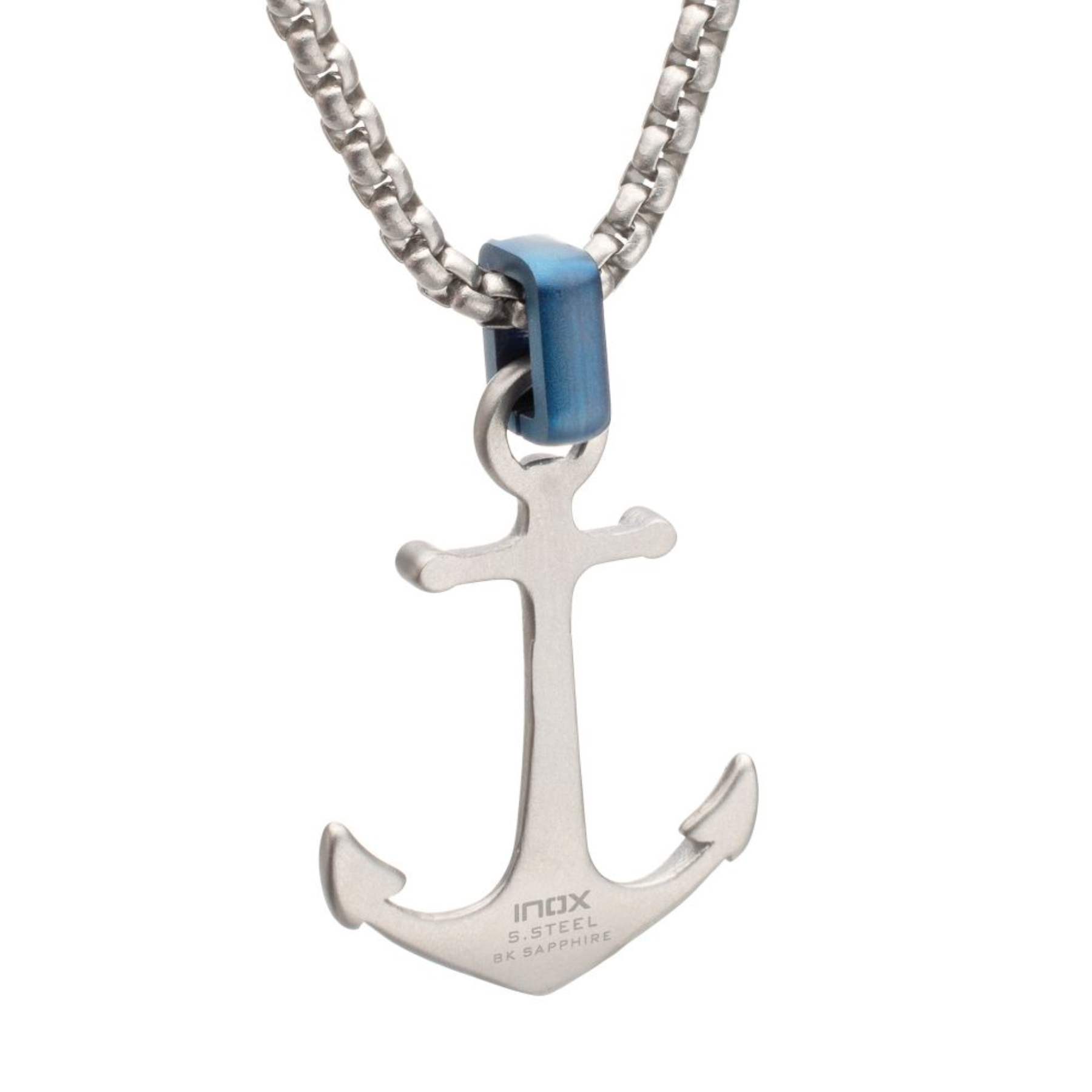 Anchor-shaped pendant on a chain with blue accent on a white background