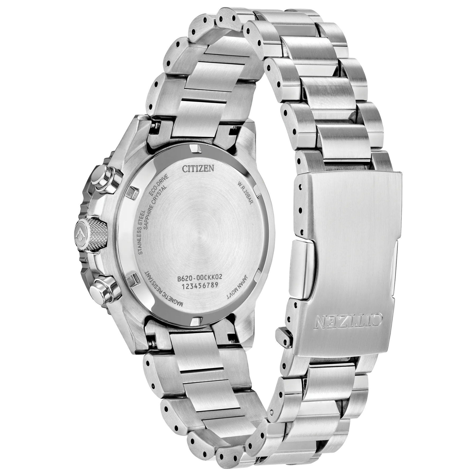 Silver Citizen watch with a detailed metal band on a white background