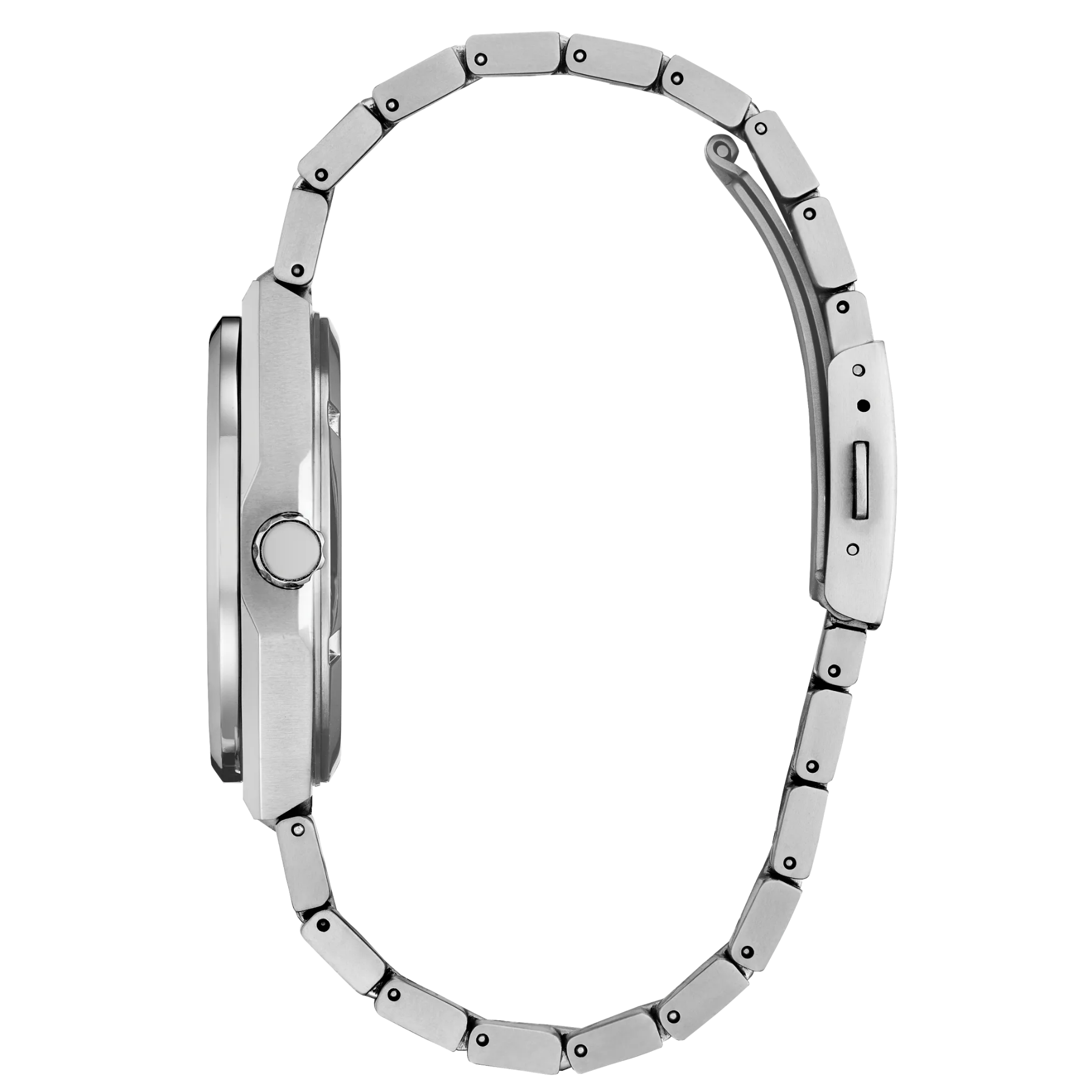 Close-up of a silver watch band on a white background