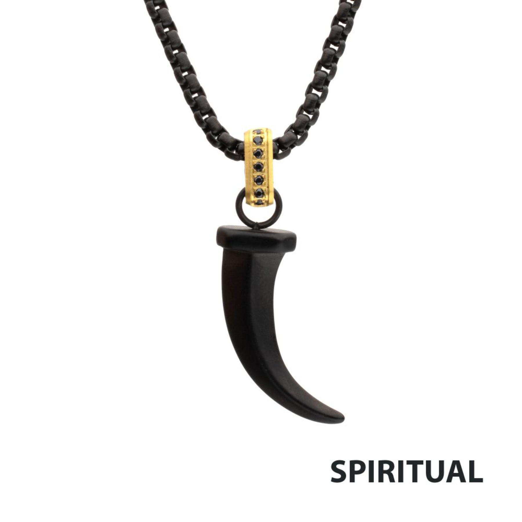 INOX Matte Black IP Steel Horn Pendant with CNC Set Black Sapphire Crown Link Bail & Black IP Steel Box Chain