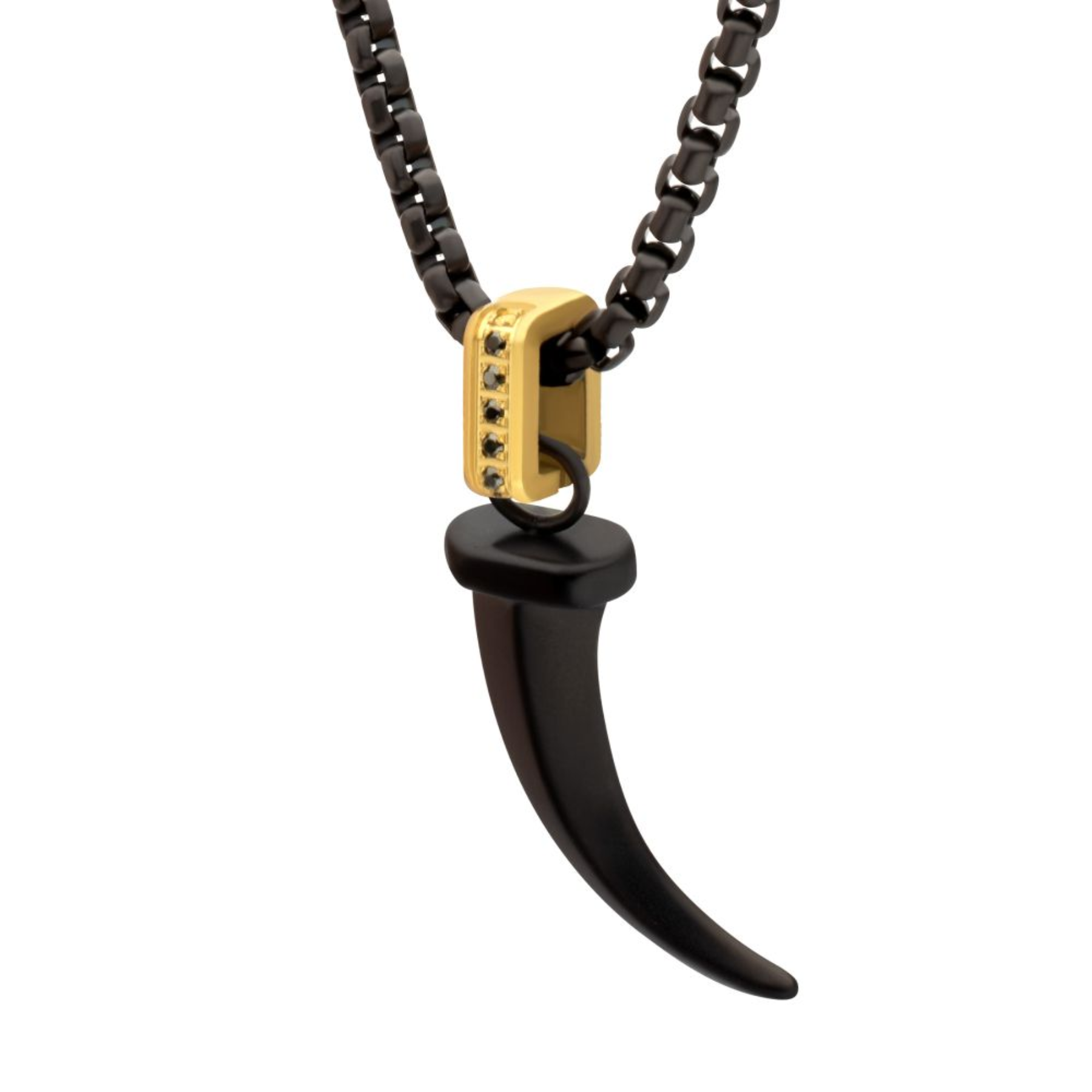 INOX Matte Black IP Steel Horn Pendant with CNC Set Black Sapphire Crown Link Bail & Black IP Steel Box Chain