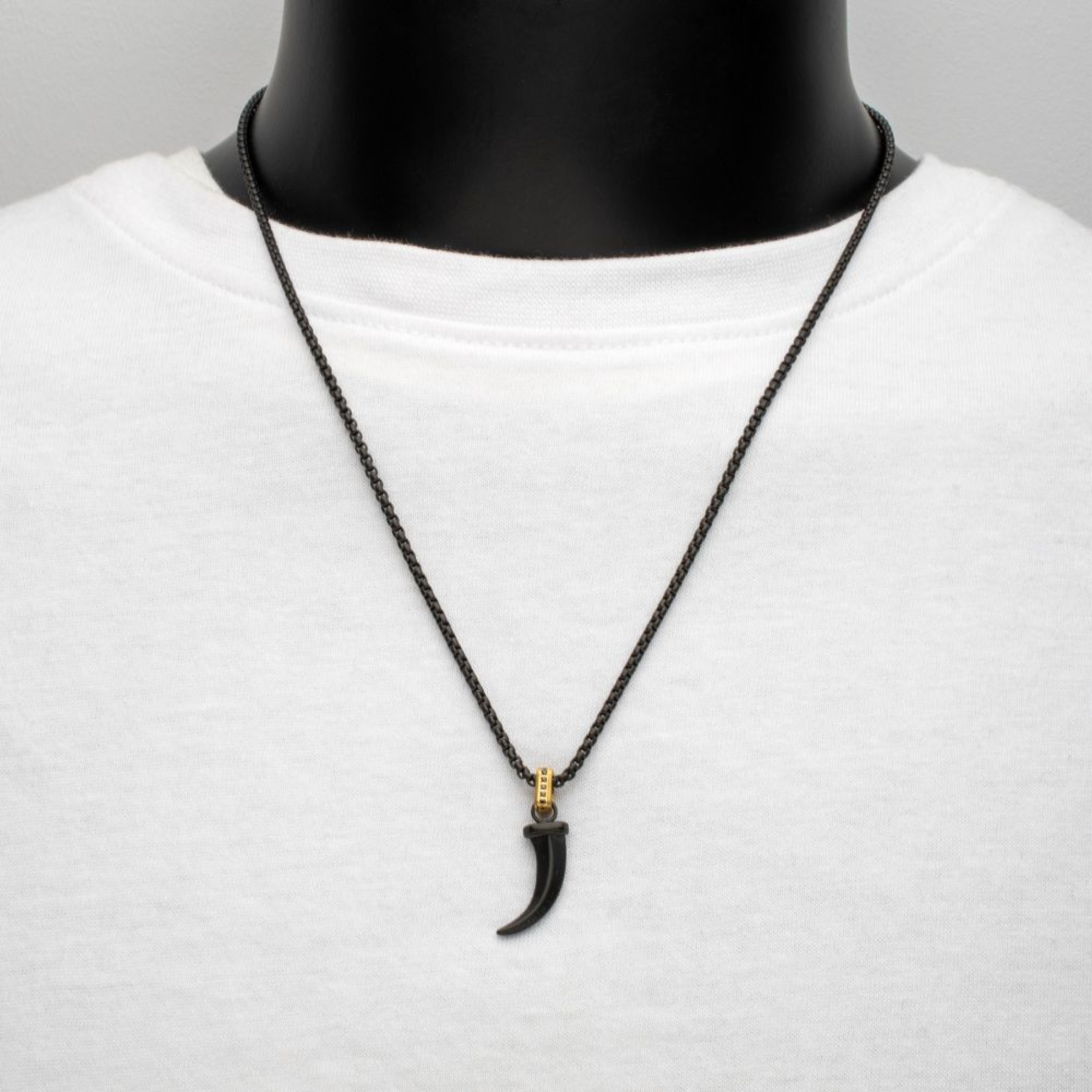 INOX Matte Black IP Steel Horn Pendant with CNC Set Black Sapphire Crown Link Bail & Black IP Steel Box Chain
