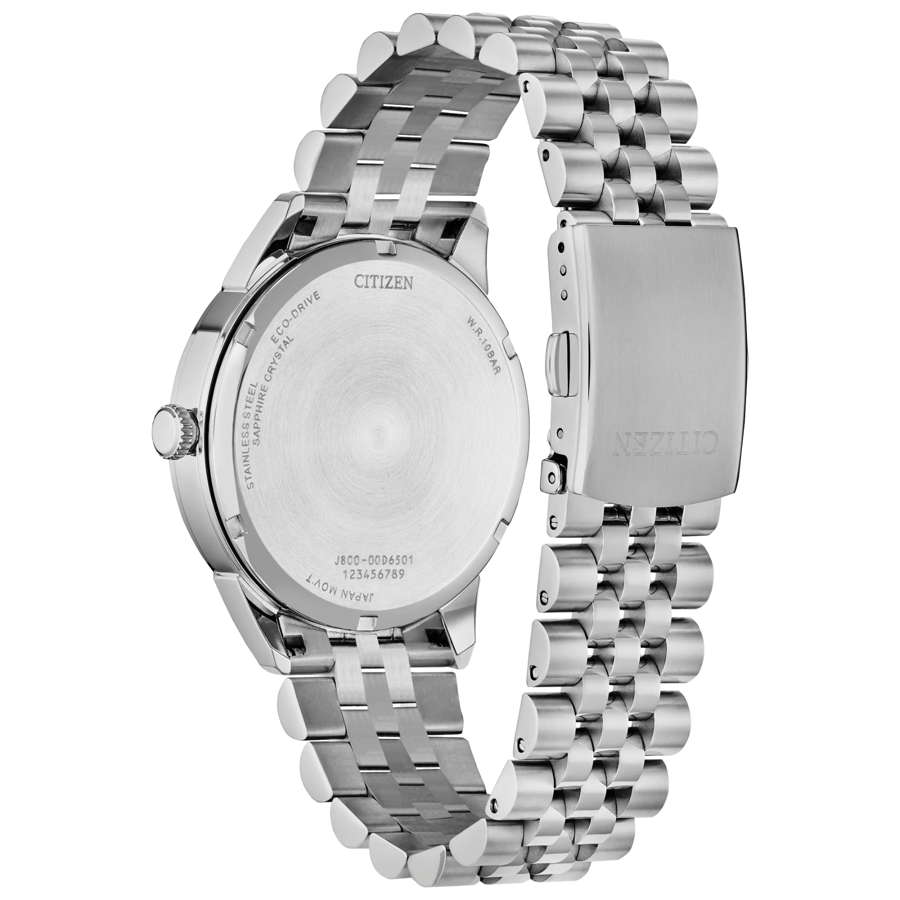 Silver Citizen watch with metal band on a white background