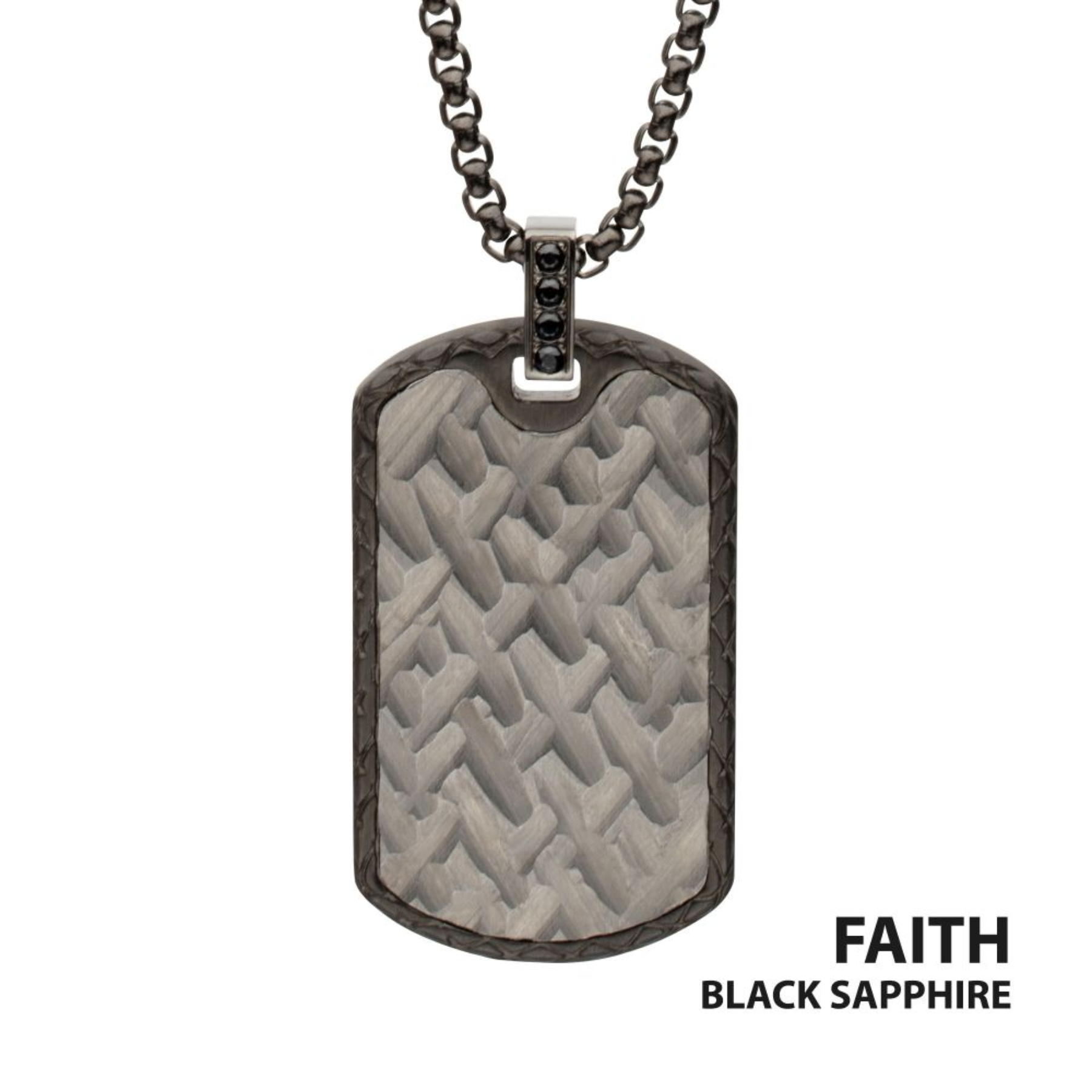 Dog tag necklace with black and silver design on a white background