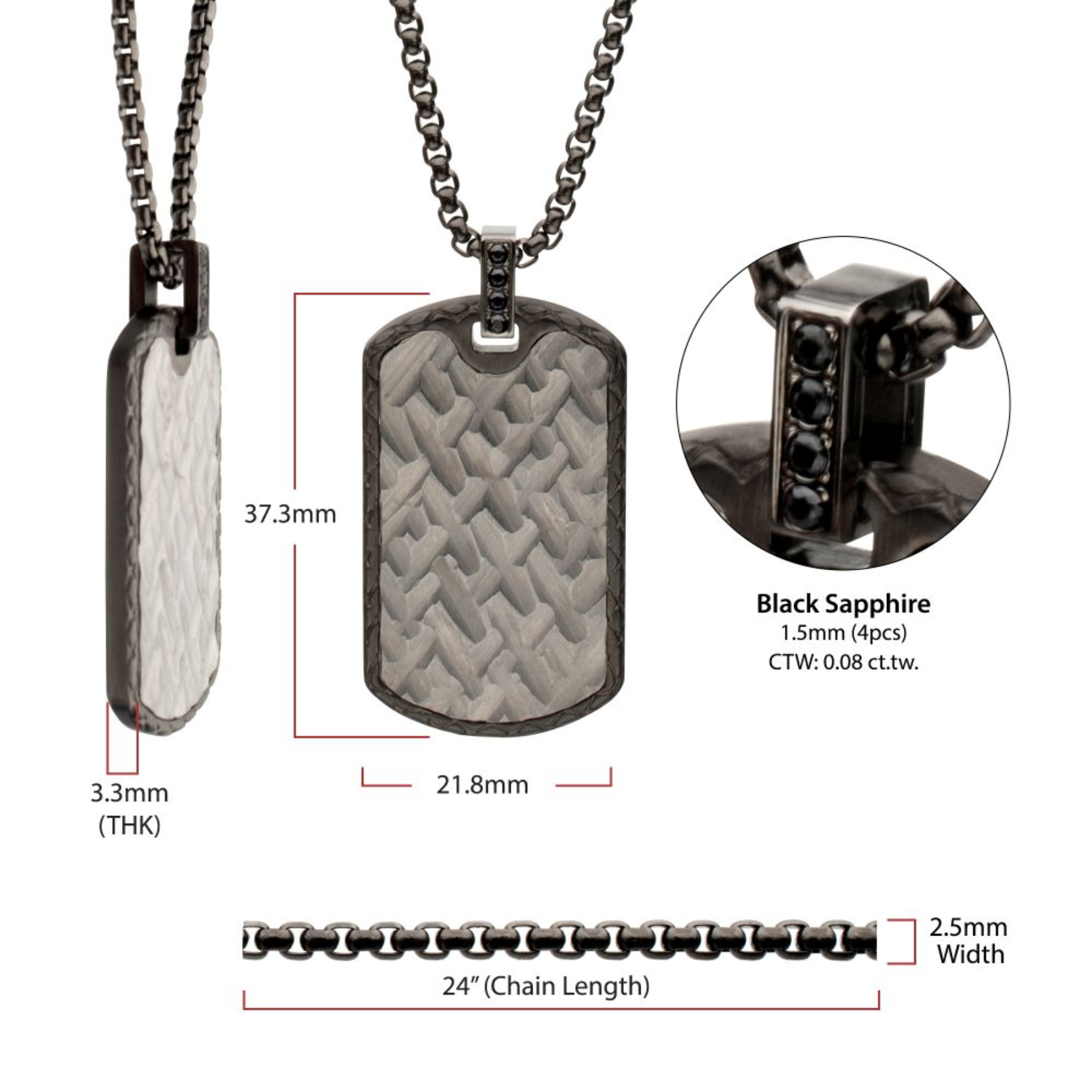 Dog tag necklace with black sapphire stones, shown with measurements and details.