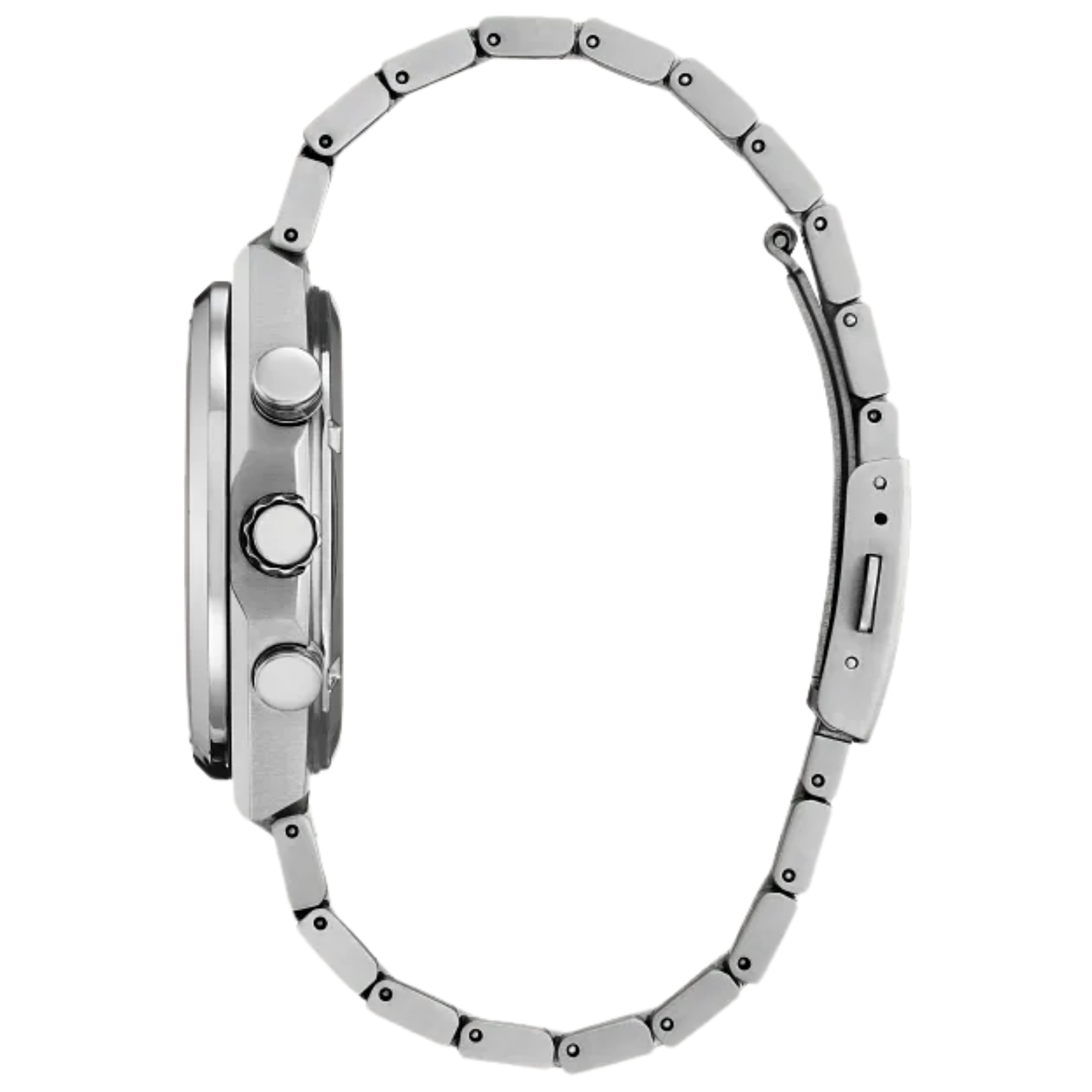Close-up of a silver watch with a detailed band on a white background