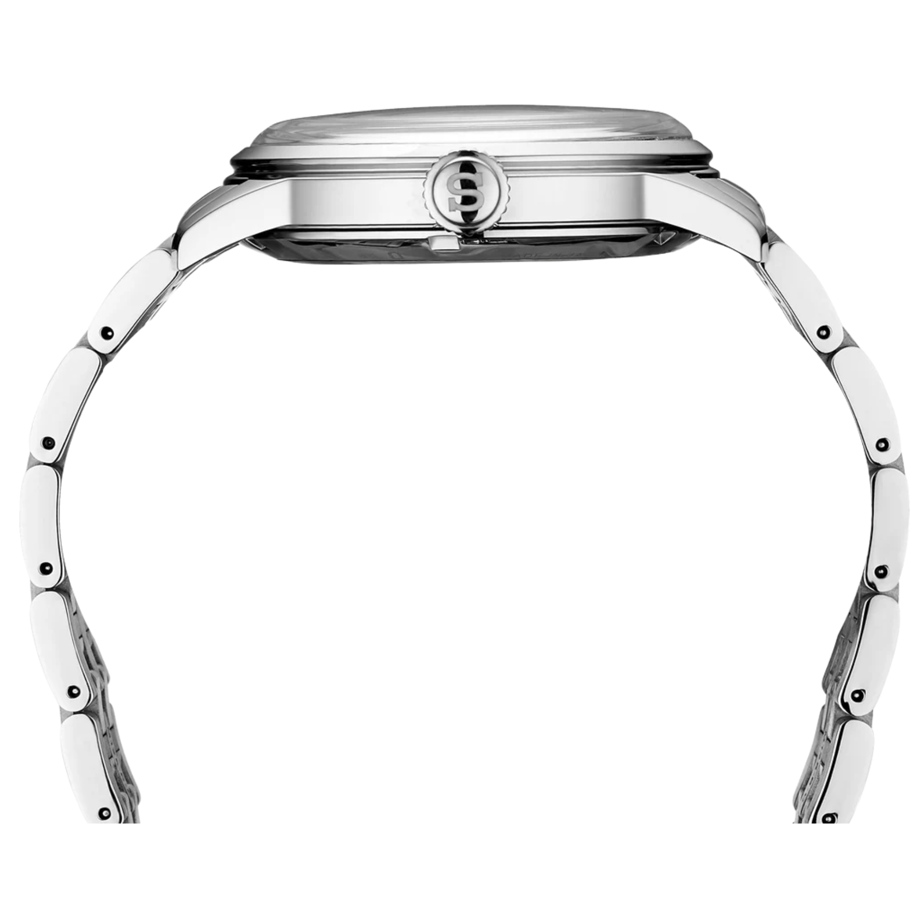 Close-up of a silver watch with a white background