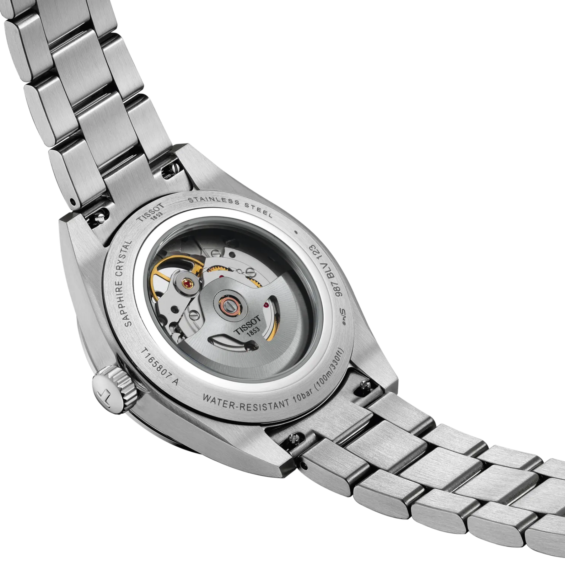 Close-up of a silver watch with visible mechanical components on a white background