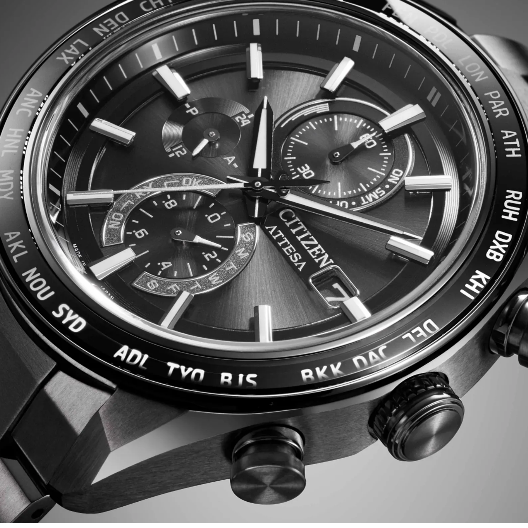 Close-up of a Citizen watch with detailed face and branding.