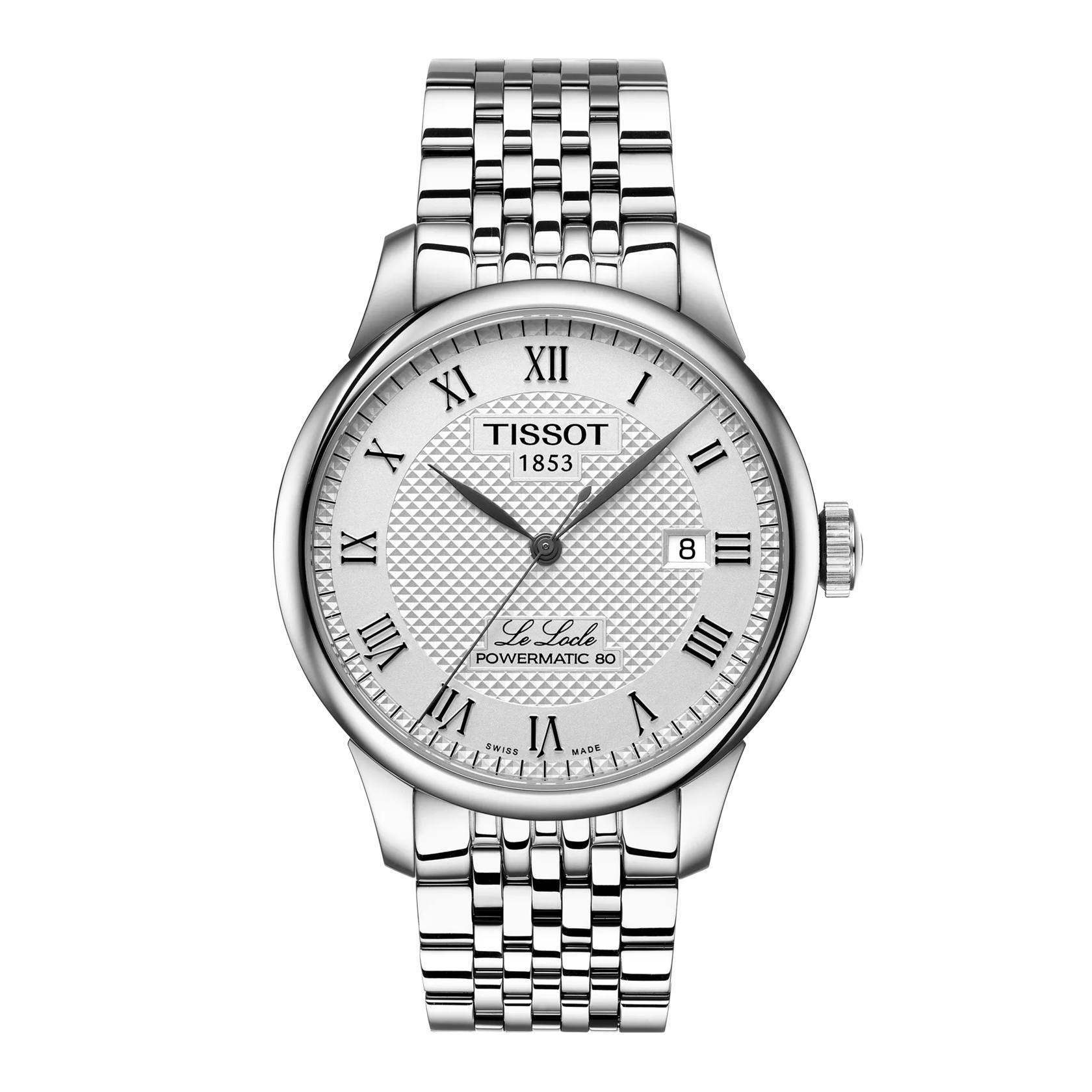 Silver Tissot watch with white face on a white background