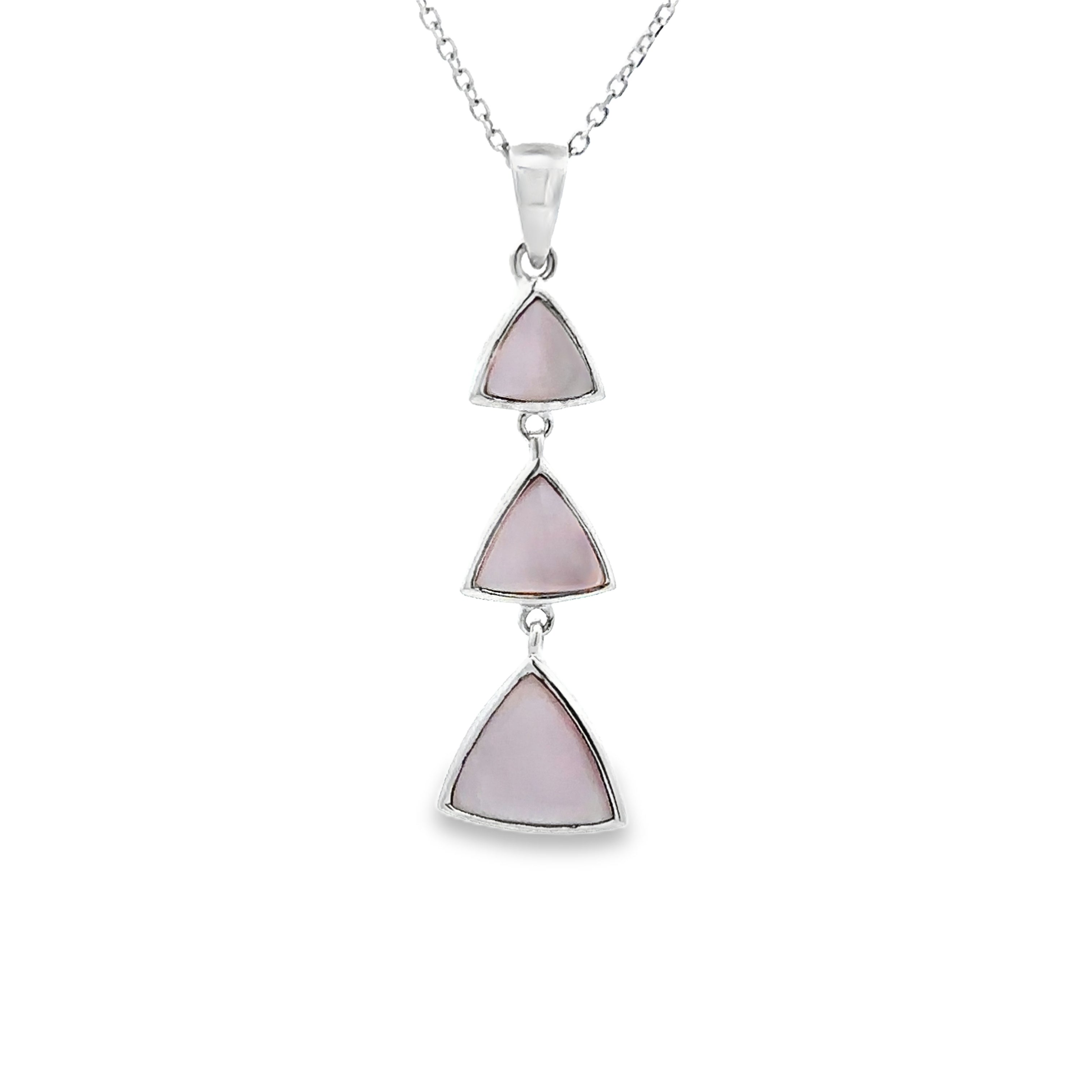 Sterling Silver Pink Mother of Pearl Graduated Triangle Pendant Necklace