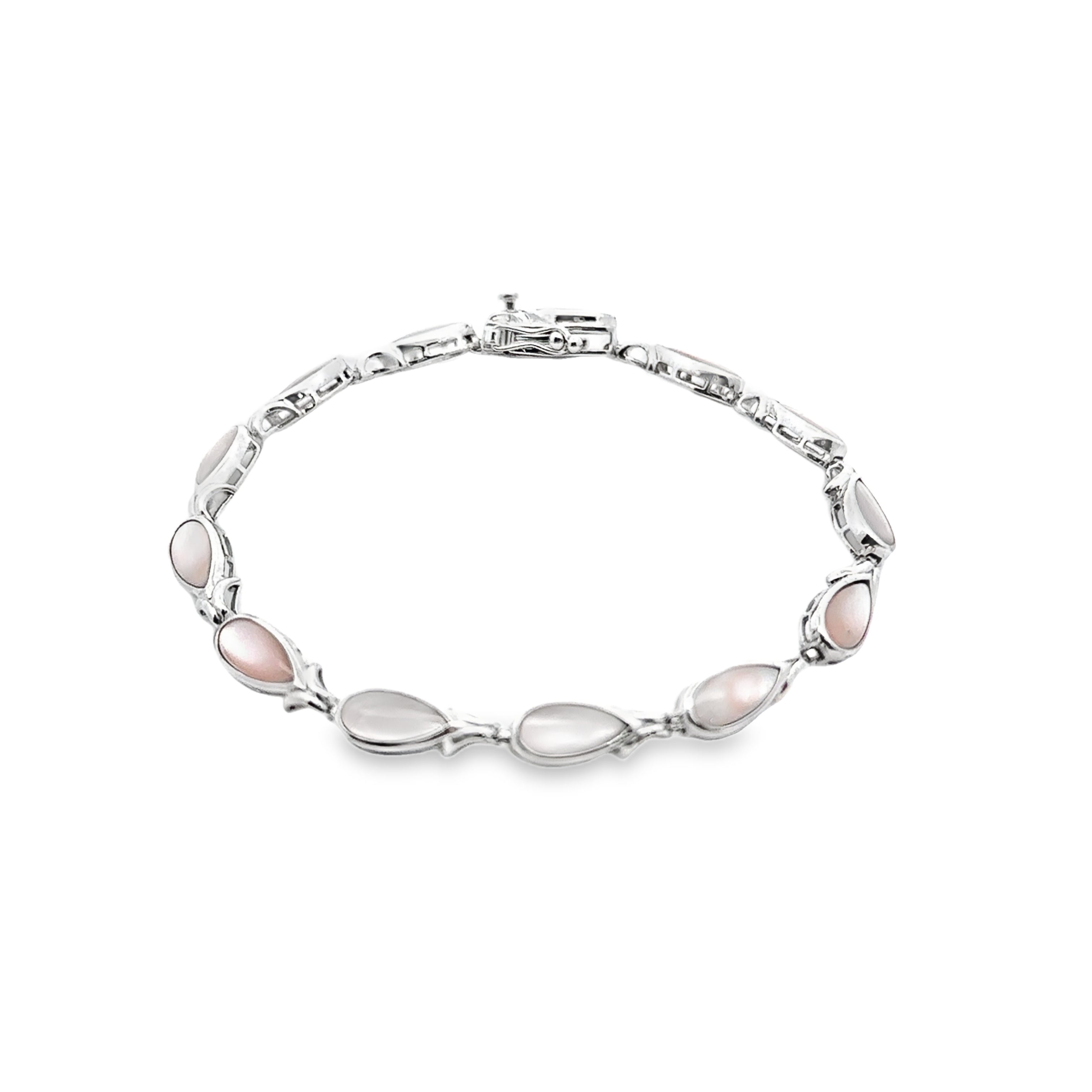 Sterling Silver Pink Mother of Pearl Pear Link Tennis Bracelet