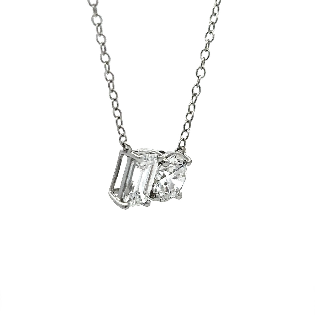 Sterling Silver 1.5CTW. Round and Emerald-Cut Lab-Grown Diamond Toi Et Moi Necklace