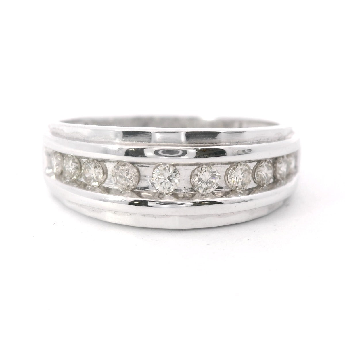 Front view of 10K White Gold Men's 0.5CTW. Diamond Band on white background.
