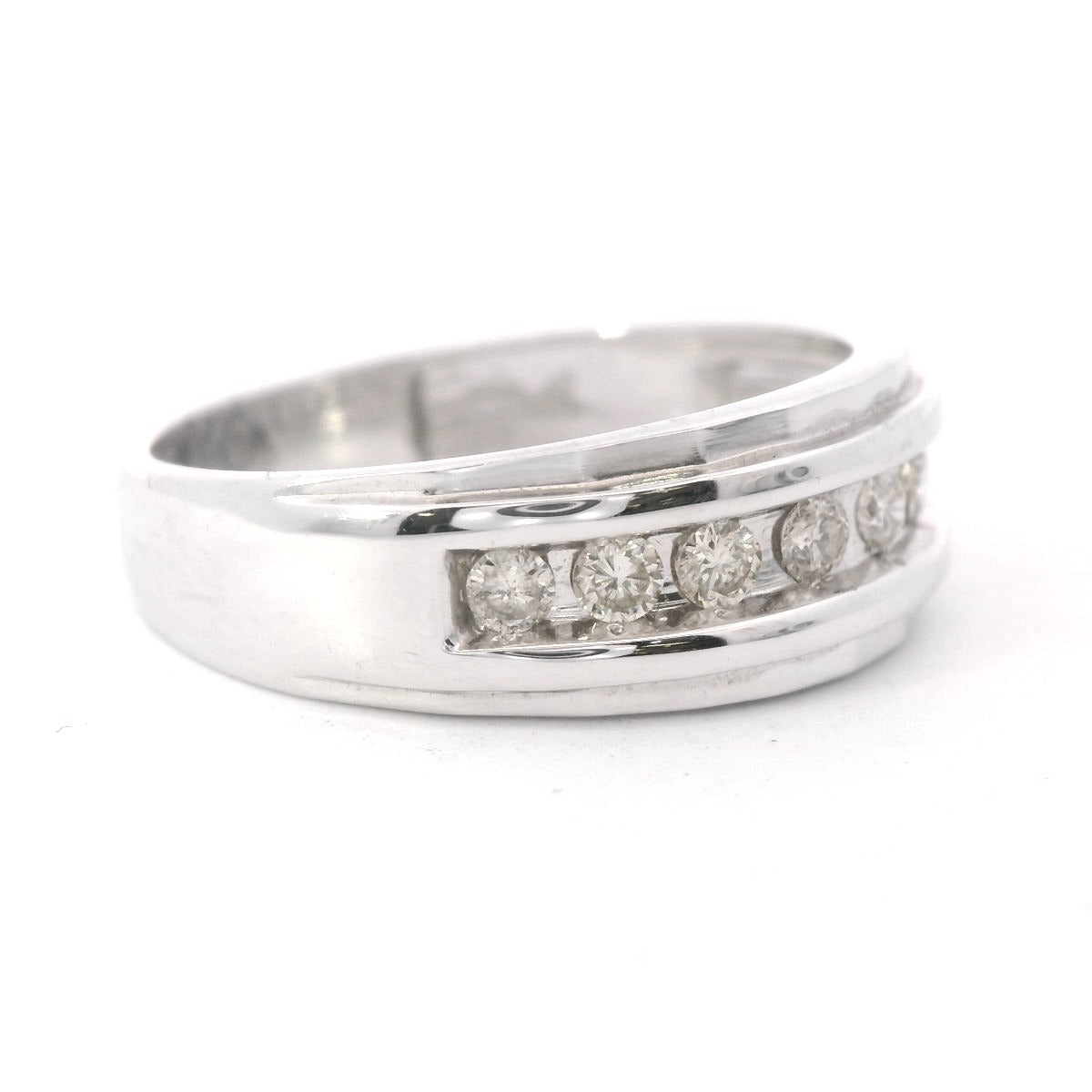 Side view of 10K White Gold Men's 0.5CTW. Diamond Band on white background.