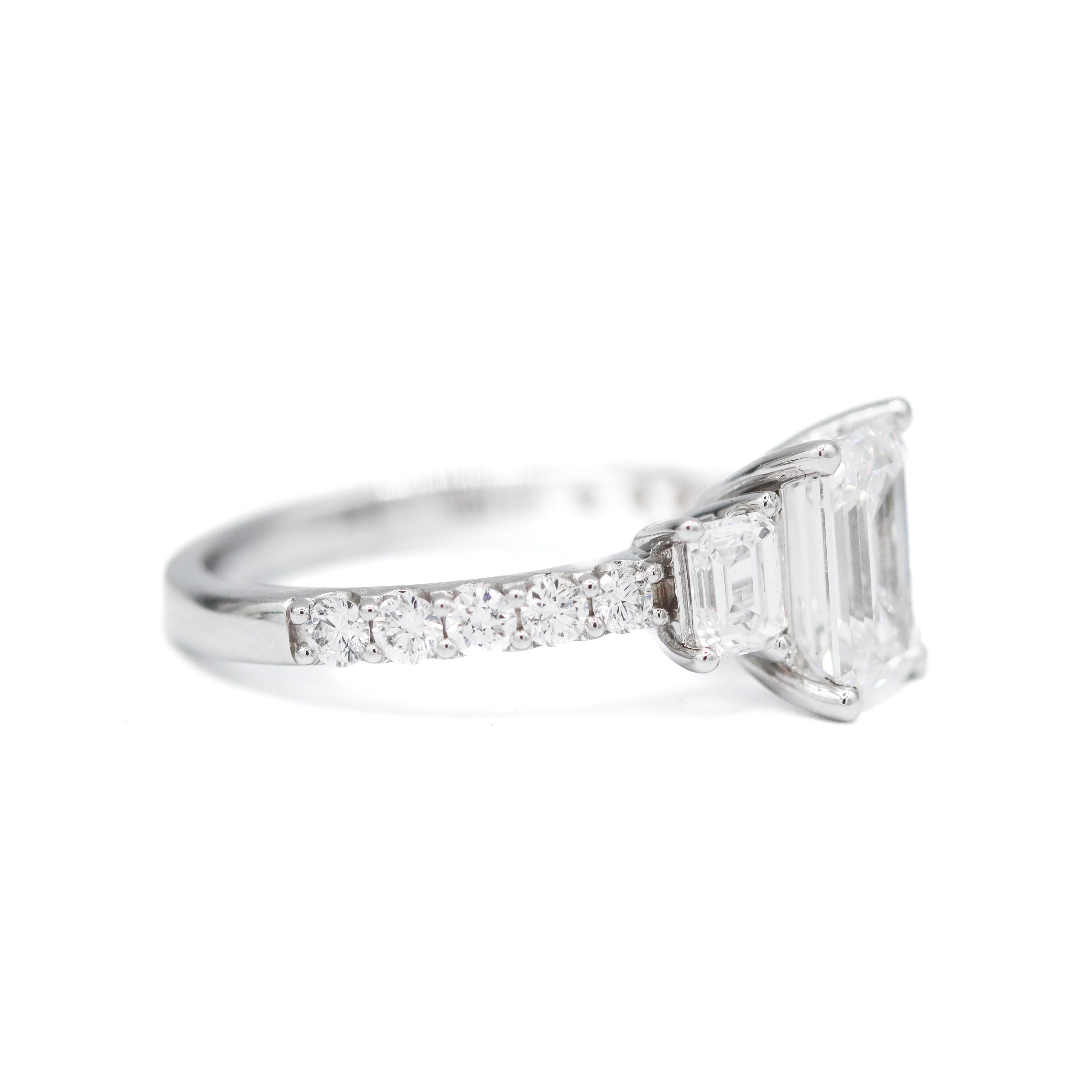 Left Side View of 14K White Gold 3CTW. Emerald-Cut Lab-Grown Diamond Accented Engagement Ring