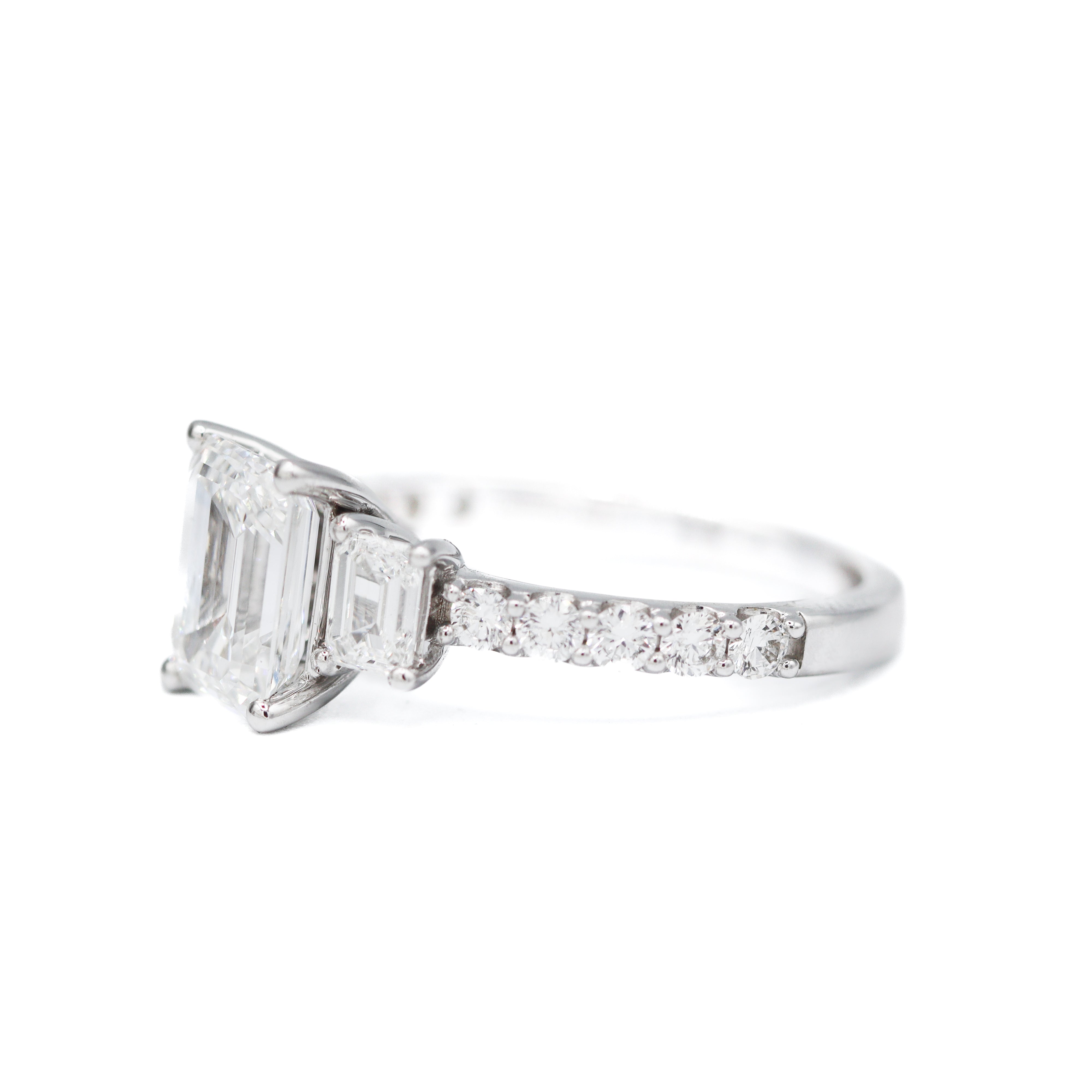 Right Side View of 14K White Gold 3CTW. Emerald-Cut Lab-Grown Diamond Accented Engagement Ring