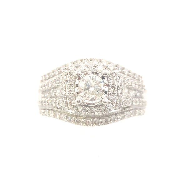 14K White Gold 1-1/2CT. Diamond Halo Triple Band Engagement Ring