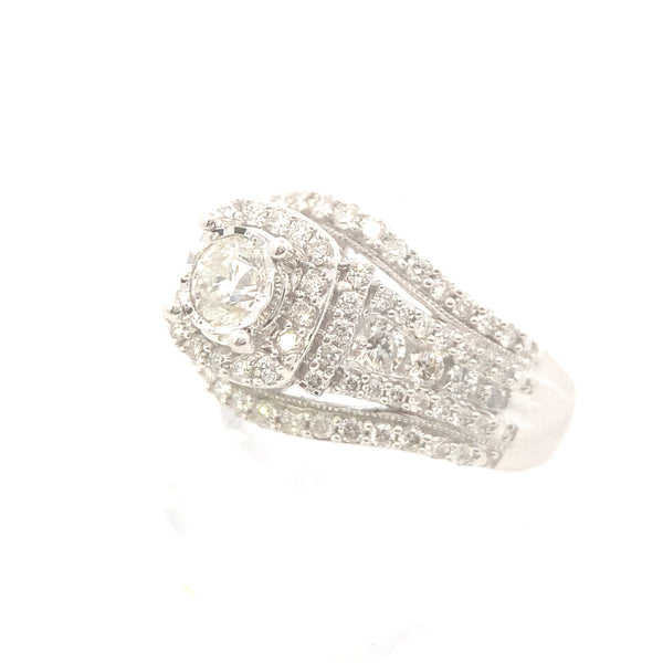 14K White Gold 1-1/2CT. Diamond Halo Triple Band Engagement Ring