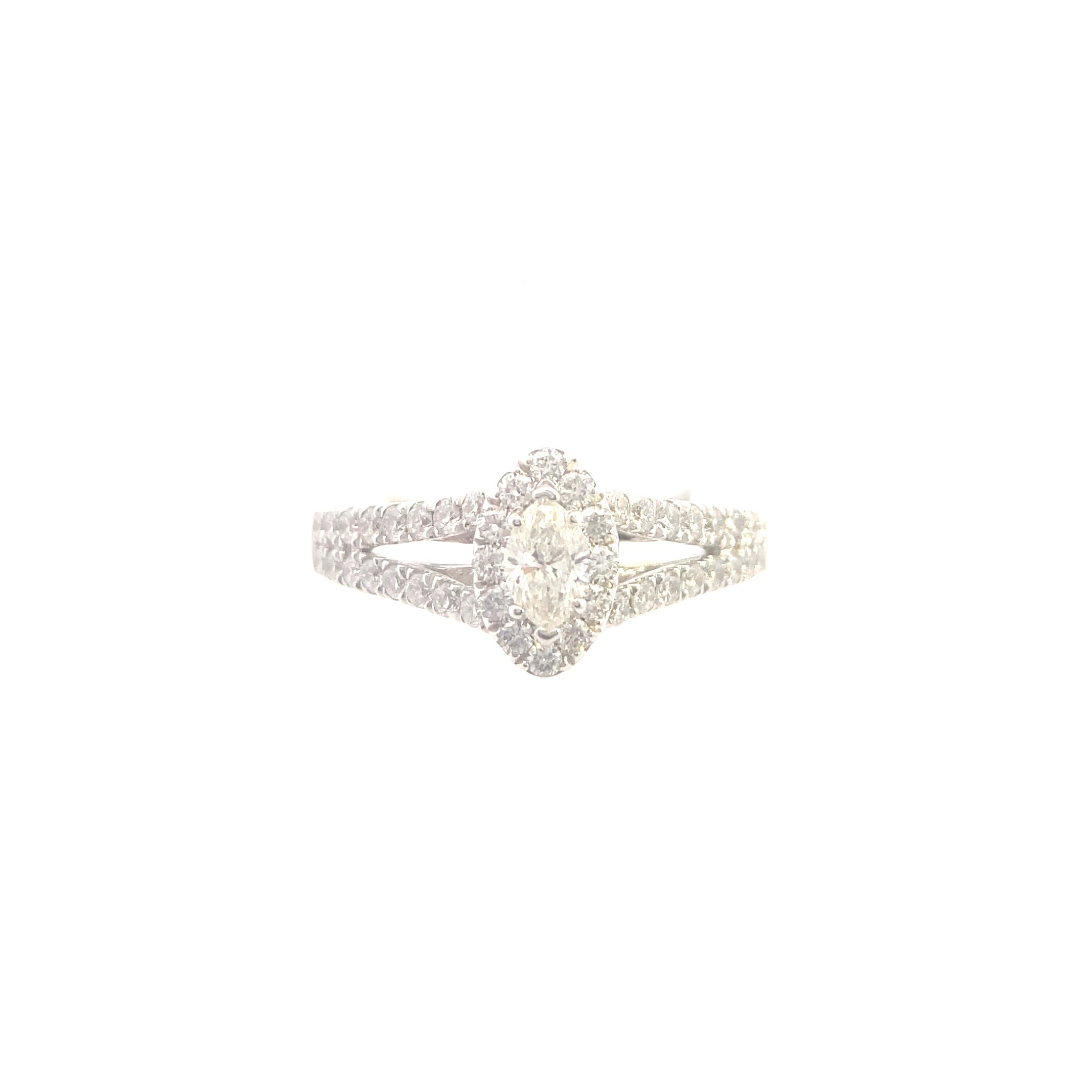 The "Layla" — 14K White Gold 1CTW. Diamond Marquise Halo Split-Shank Engagement Ring