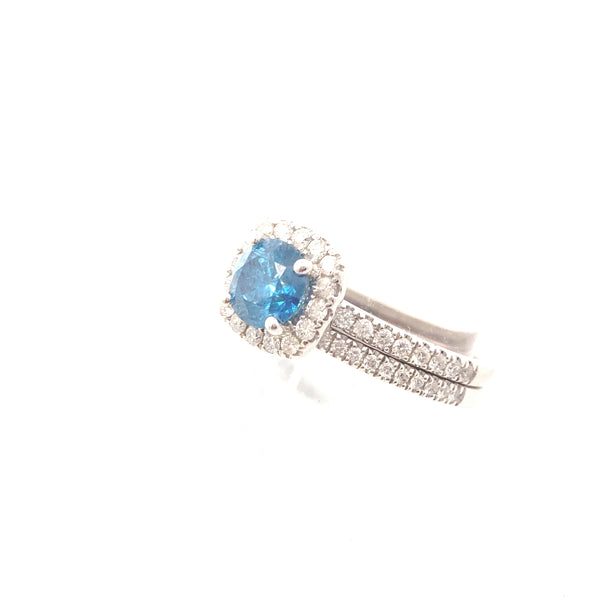 14K White Gold 1CT. Round Blue Diamond Halo Engagement Ring and Matching Band
