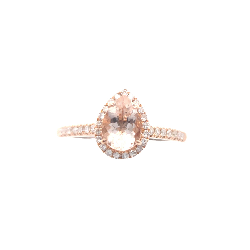 14K Rose Gold 1/2CT. Pear-Cut Morganite & 1/6CT. Diamond Halo Engagement Ring