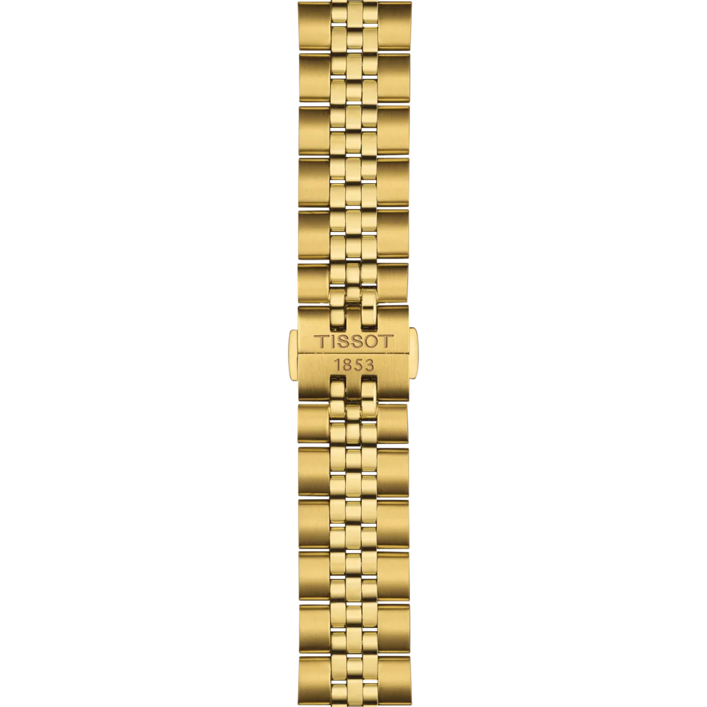 Gold watch strap with Tissot logo on a white background
