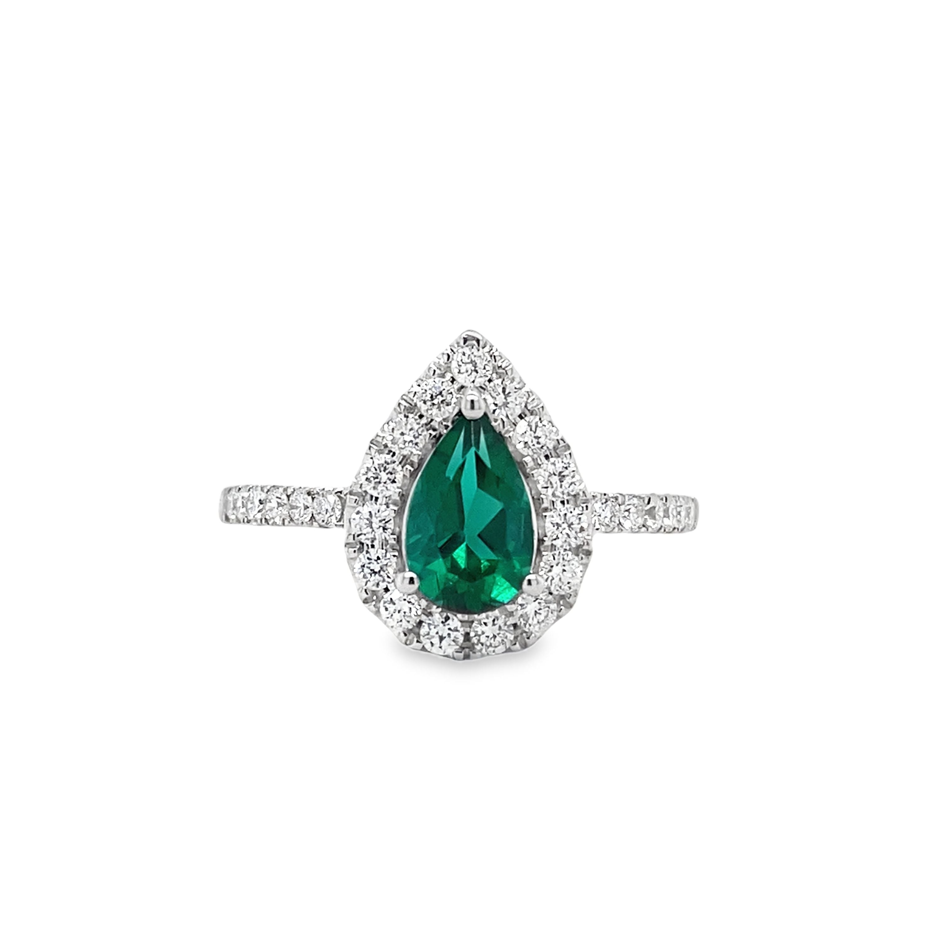 14K White Gold Pear-Cut Lab-Grown Green Emerald & 0.51CTW. Lab-Grown Diamond Halo Ring