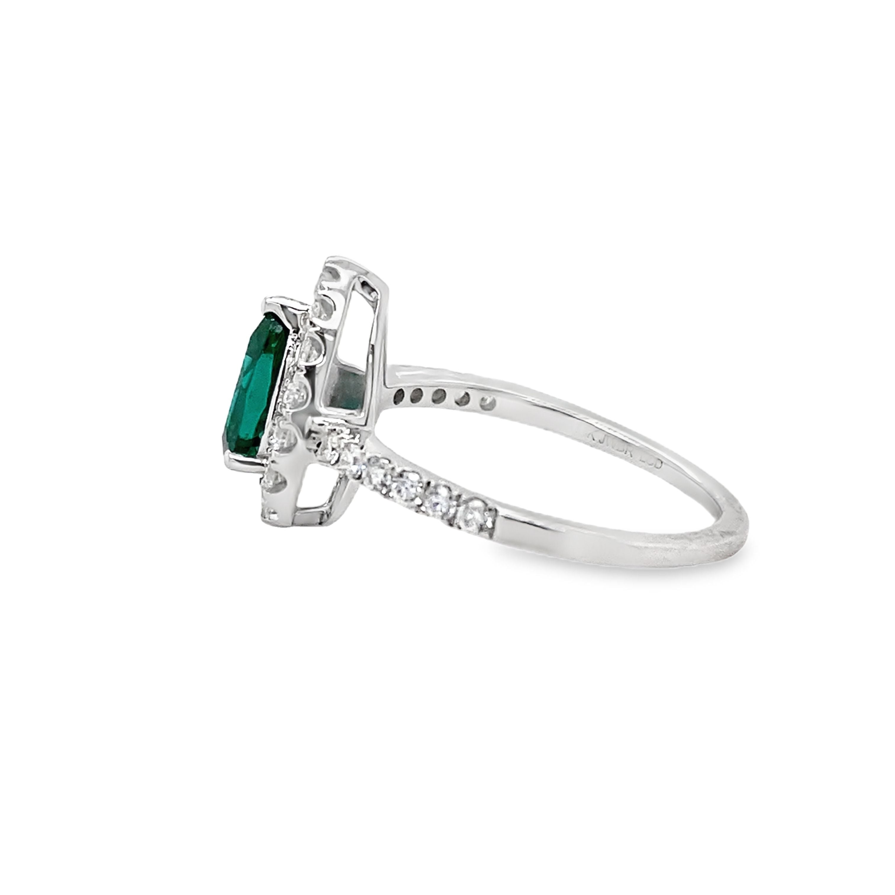 14K White Gold Pear-Cut Lab-Grown Green Emerald & 0.51CTW. Lab-Grown Diamond Halo Ring