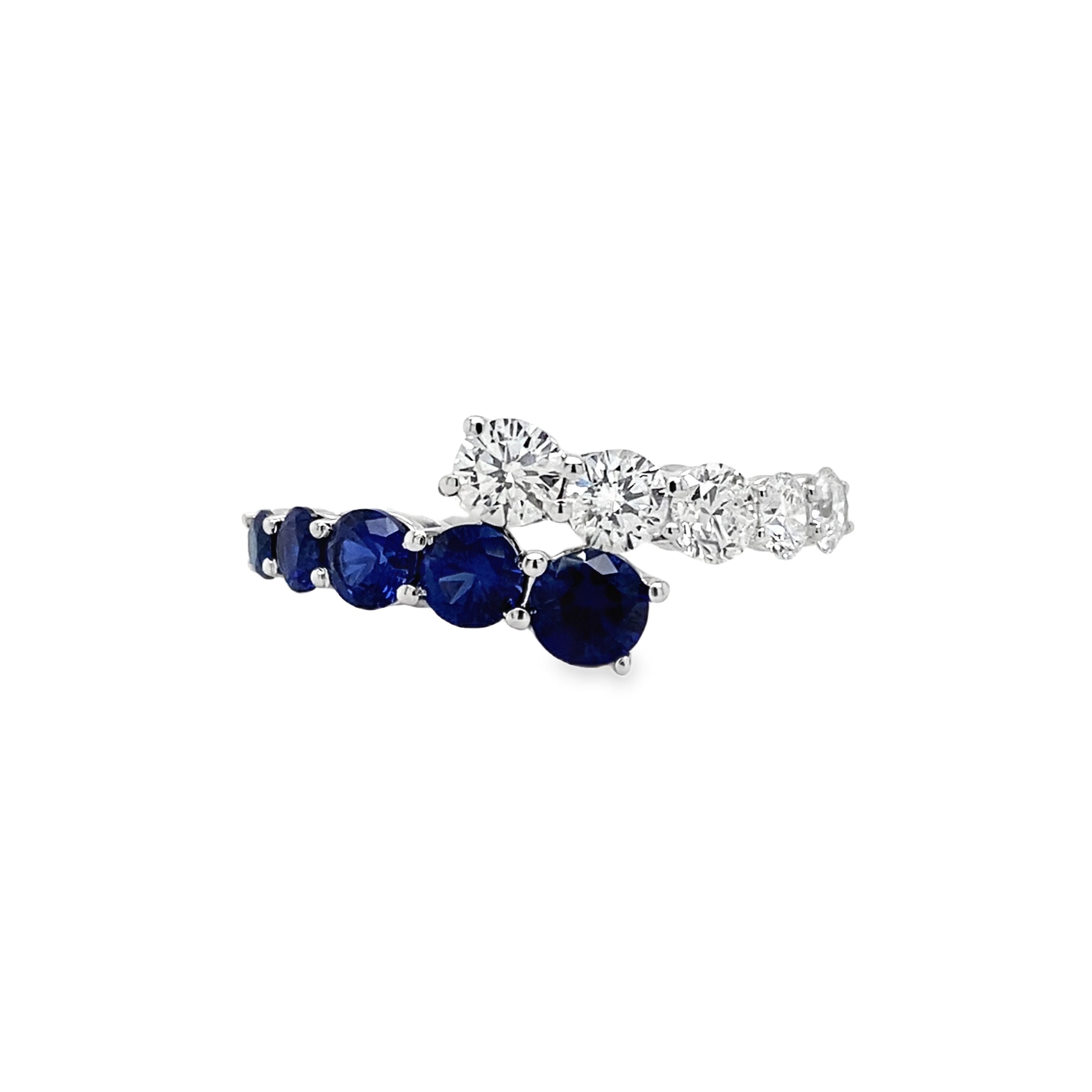 14K White Gold Lab-Grown Blue Sapphire & 0.77CTW. Lab-Grown Diamond Graduated Bypass Fashion Ring