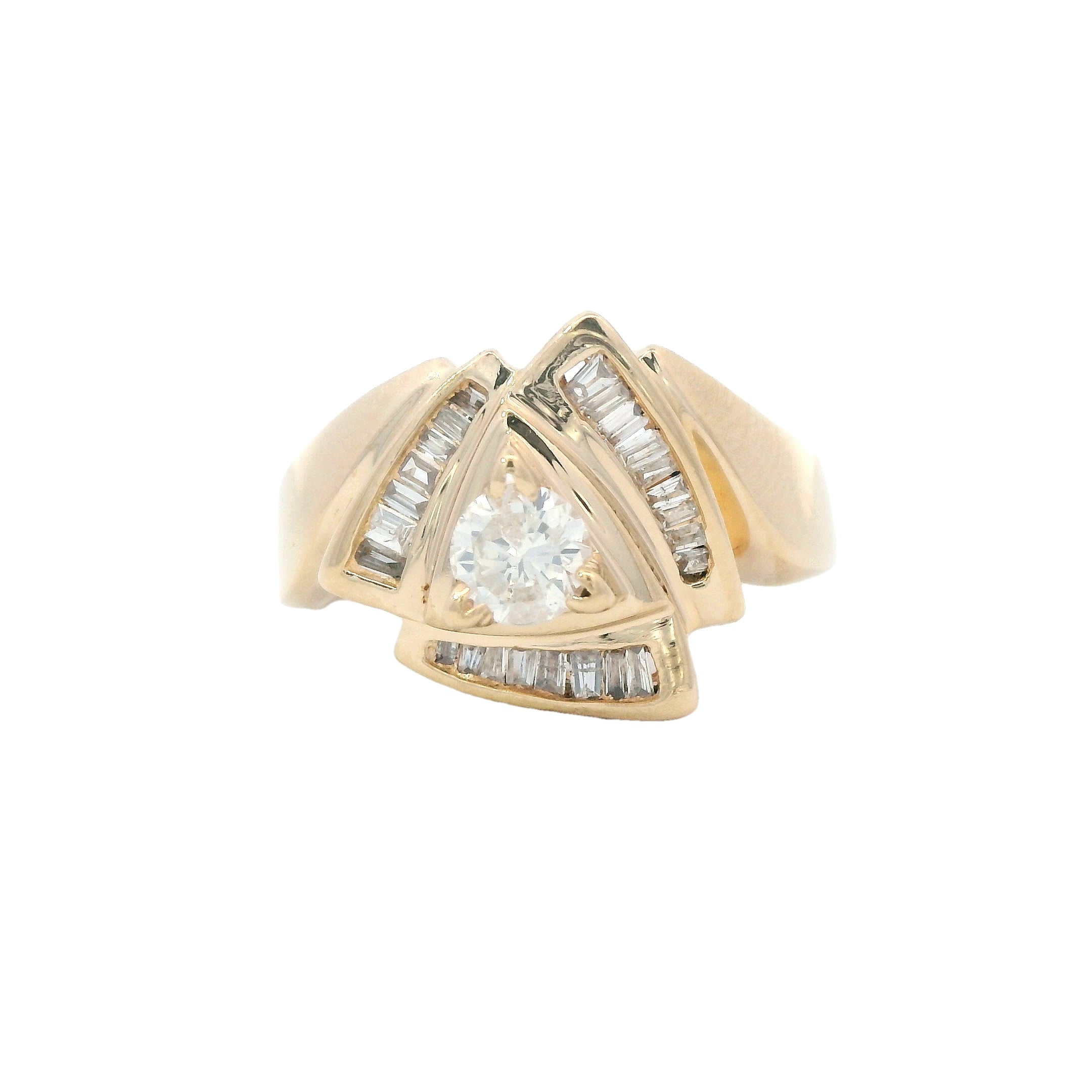 Estate Collection: 14K Yellow Gold 1/3CT. Round Diamond in Trillion Setting with Baguette Diamond Accents Ring