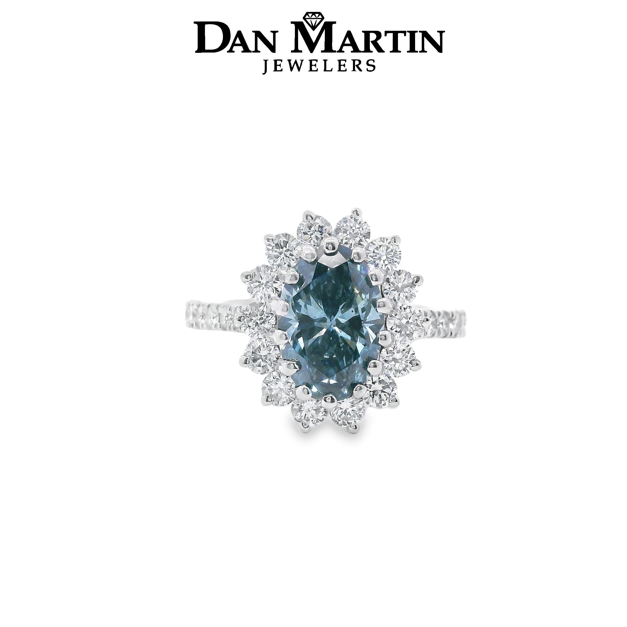 14K White Gold 2.0ct Blue Lab-Grown Diamond With Halo Engagement Ring