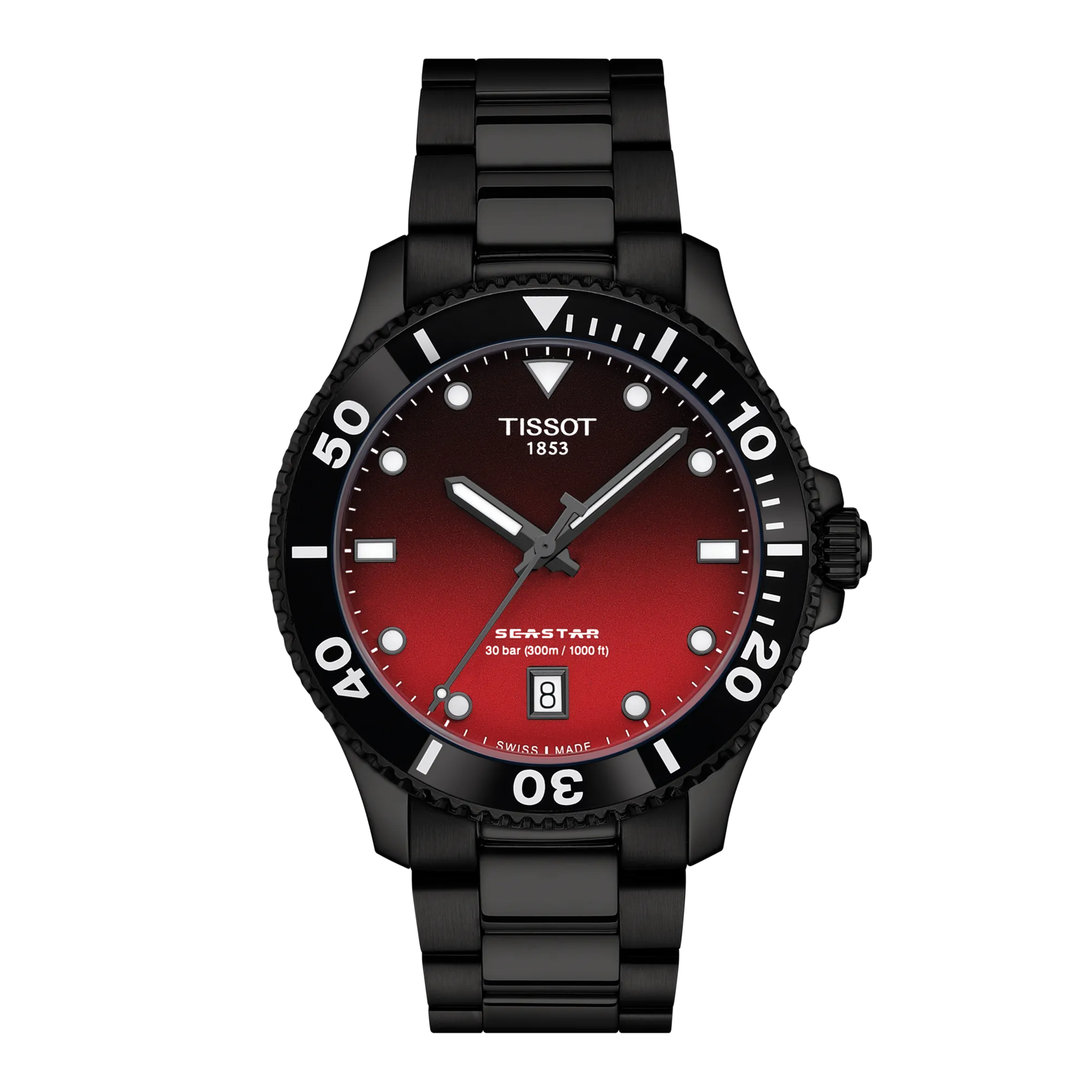 Black Tissot watch with a red face on a white background