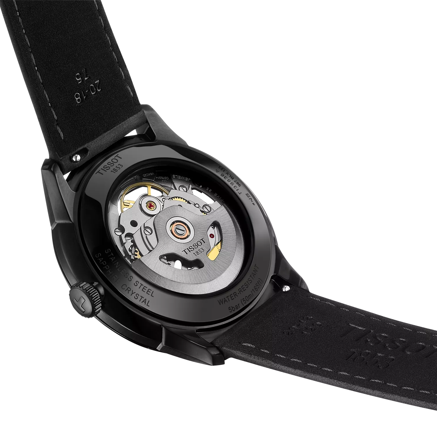 Close-up of a Tissot watch with its mechanical movement exposed on a white background