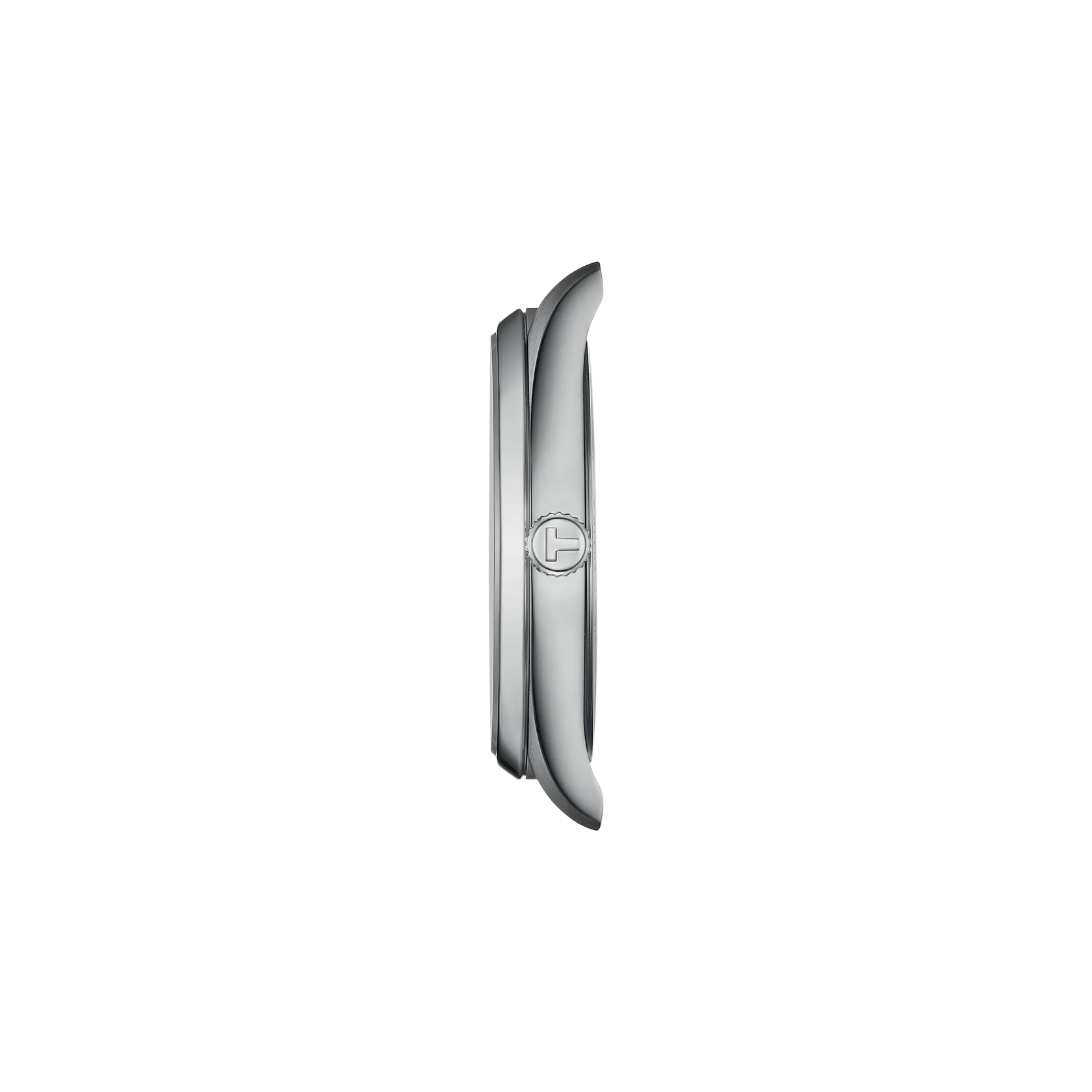 Silver watch case on a white background