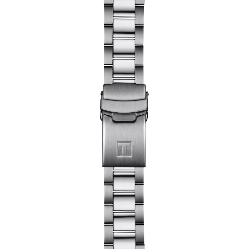 Silver watch strap on a white background
